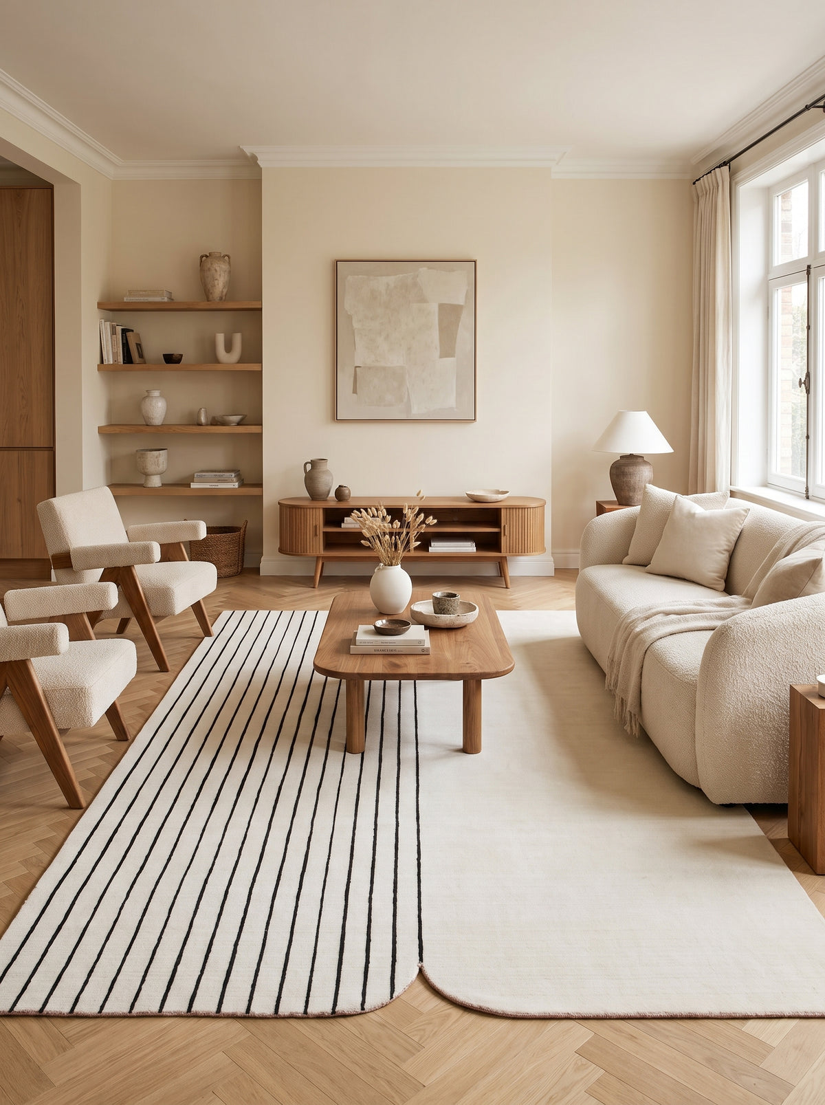 Textured black stripes and an ivory background characterise this soft-curved wool and viscose rug in a living room