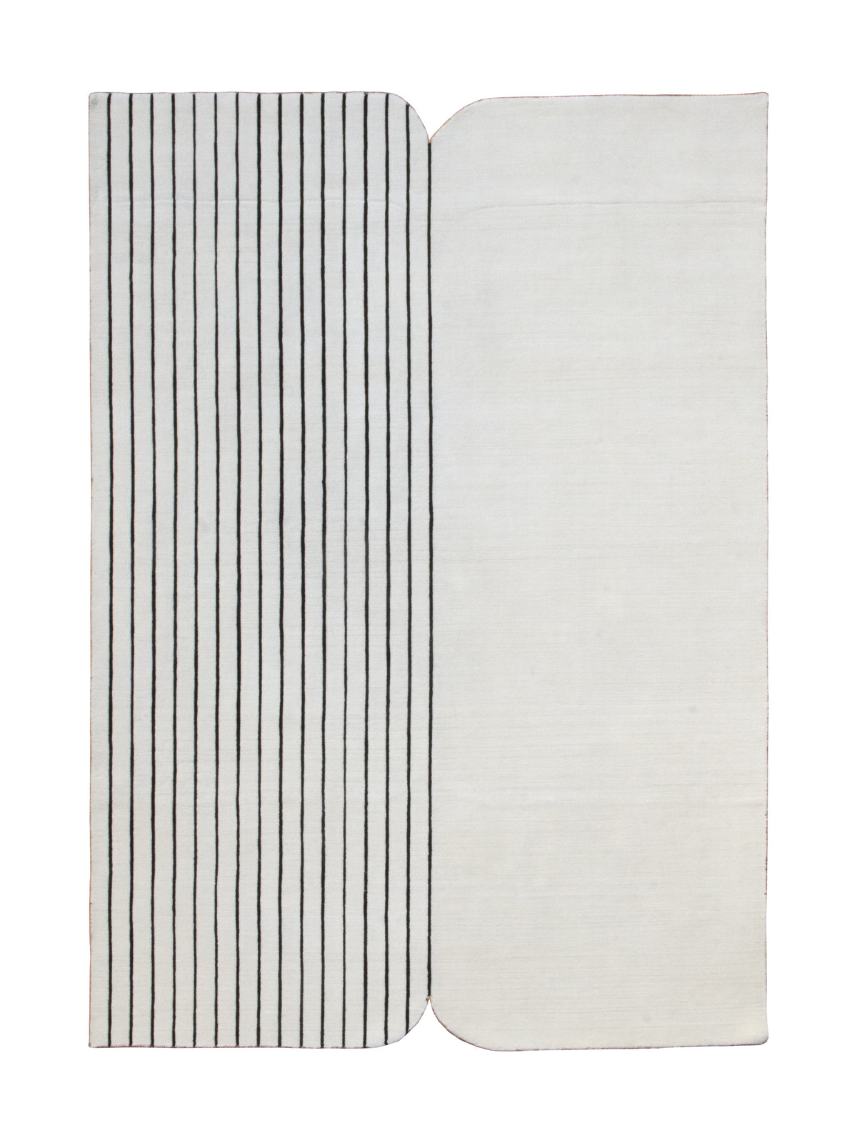 Two-tone, textured ivory and black wool and viscose rug, alternating striped and plain panels with soft edges