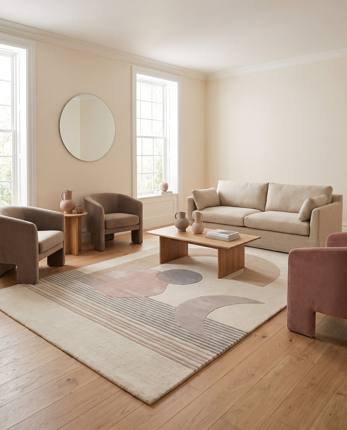 Un tapis en laine et viscose ivoire tufté main aux motifs abstraits géométriques beige, rose et gris en relief dans un salon