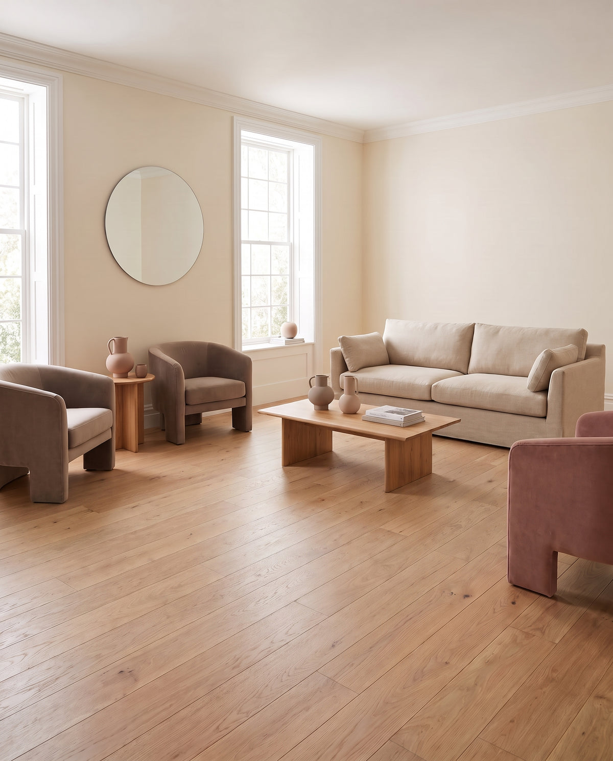 Pièce sans tapis, ce salon lumineux au parquet clair est meublé d'un canapé, de fauteuils et d'un miroir rond