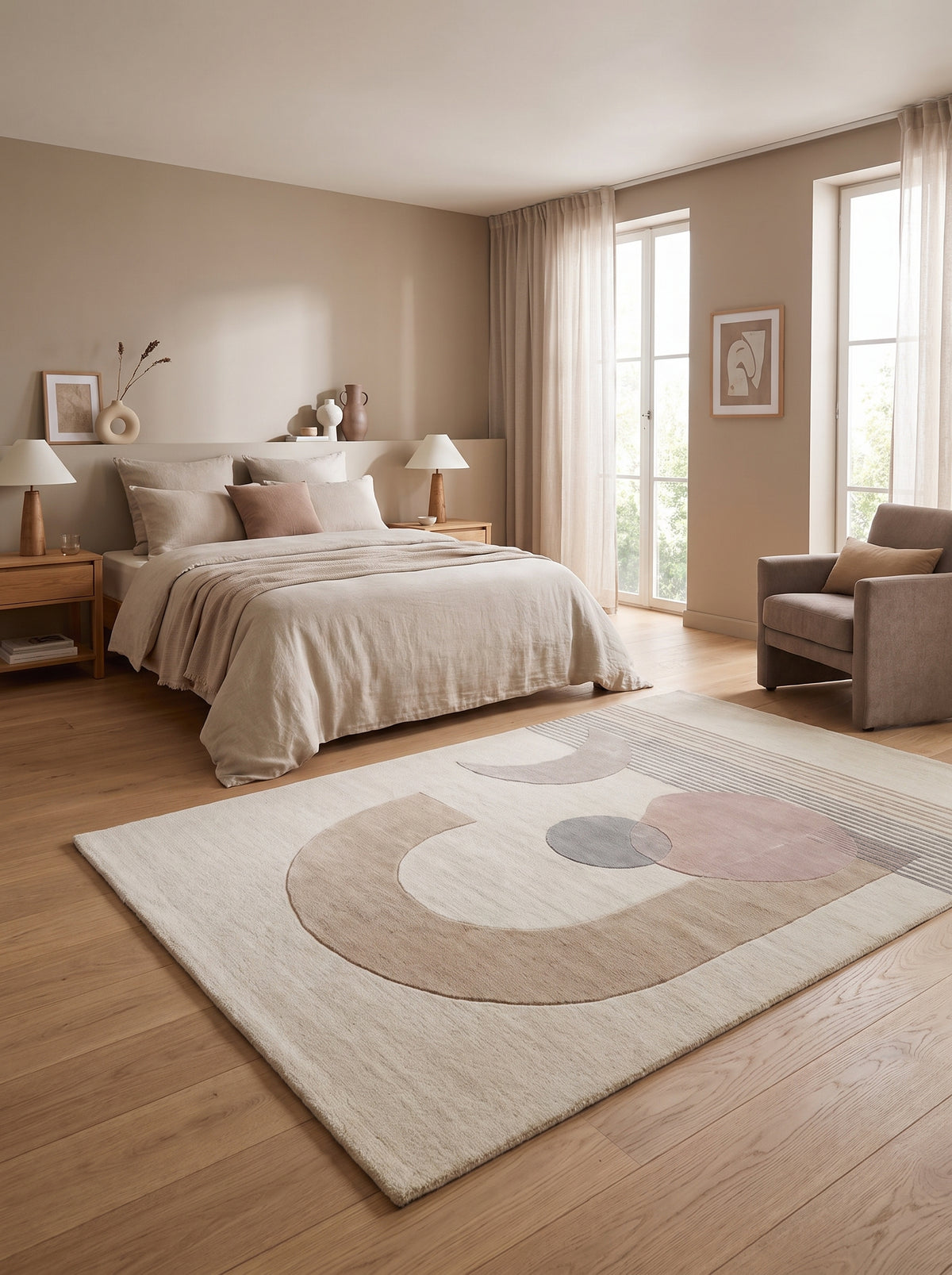 Tapis laine et viscose ivoire tufté main, aux motifs abstraits géométriques beige, rose poudré et gris, dans une chambre