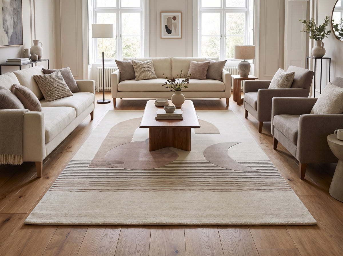 Tufté main, ce tapis en laine et viscose ivoire présente des motifs abstraits beige, rose et gris en relief dans un salon
