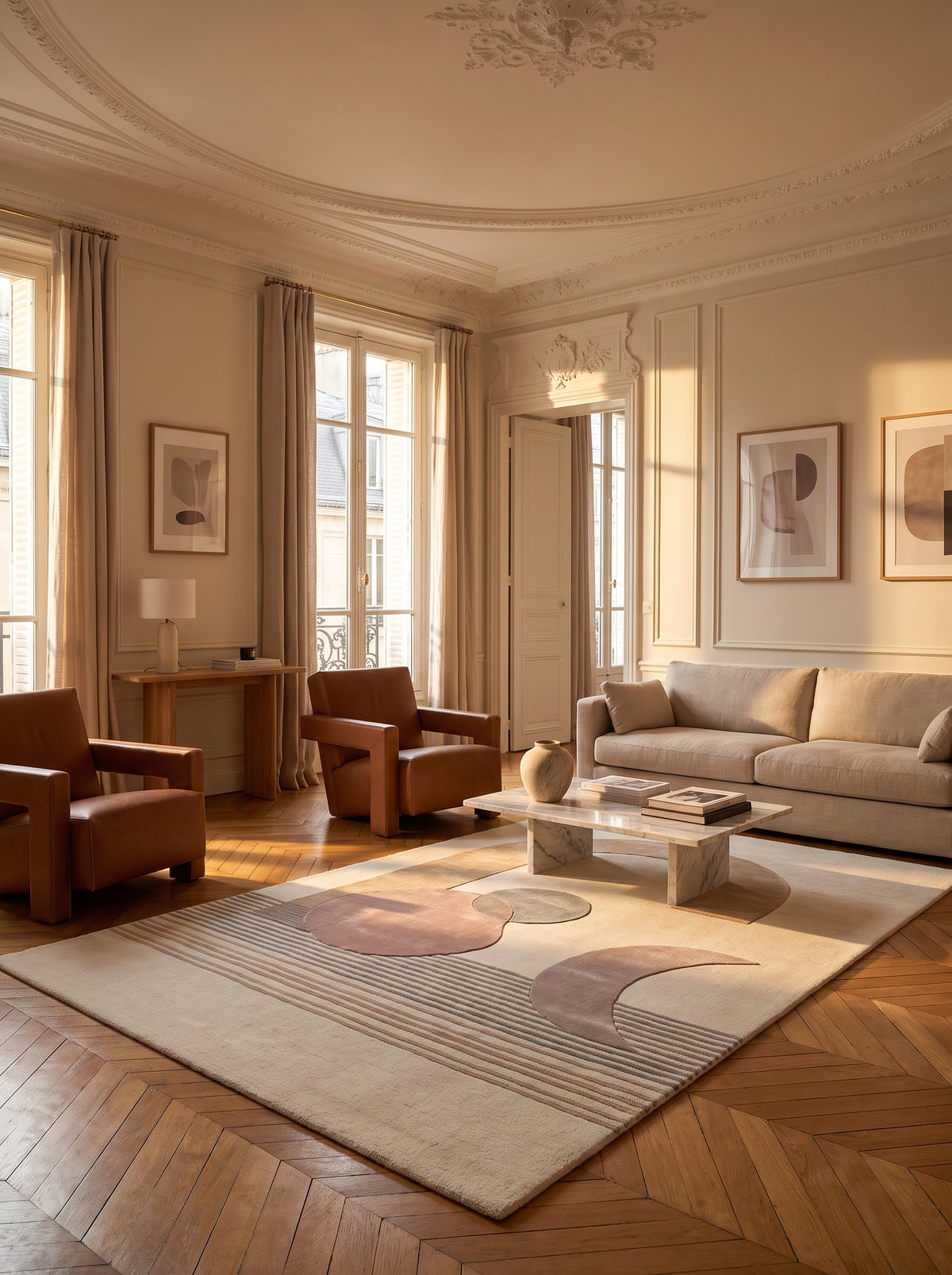 En laine et viscose ivoire, ce tapis aux motifs abstraits beige, rose et gris en relief habille un salon élégant