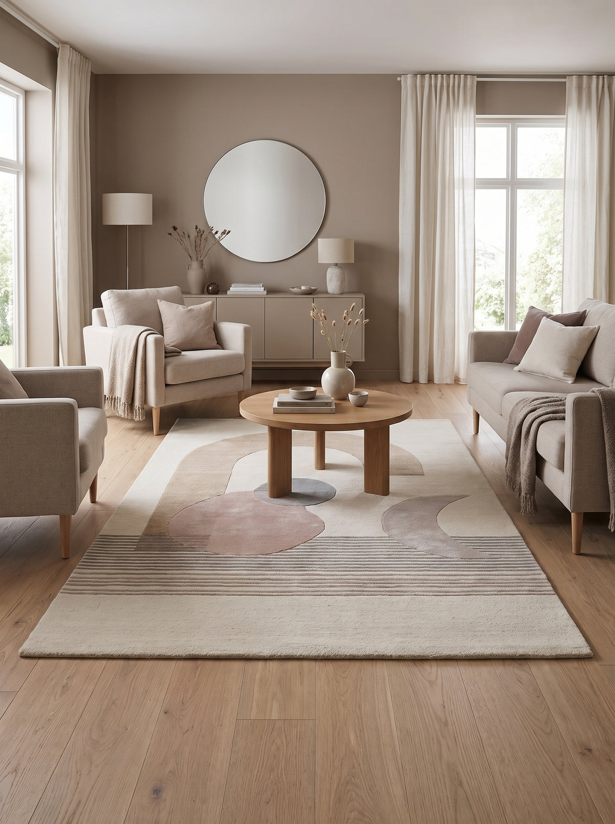Laine et viscose ivoire, ce tapis tufté main présente des motifs abstraits beige, rose et gris en relief dans un salon