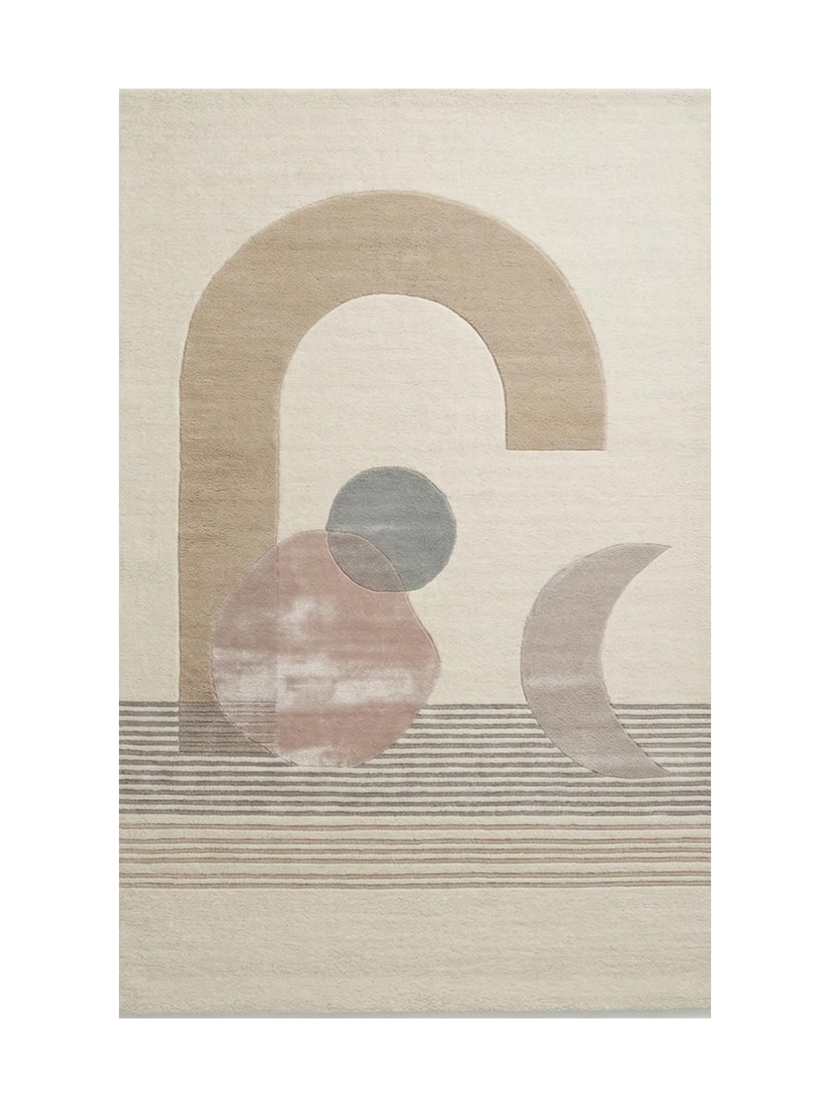 Tapis rectangulaire ivoire tufté main en laine et viscose aux motifs géométriques beige, rose et gris et rayures