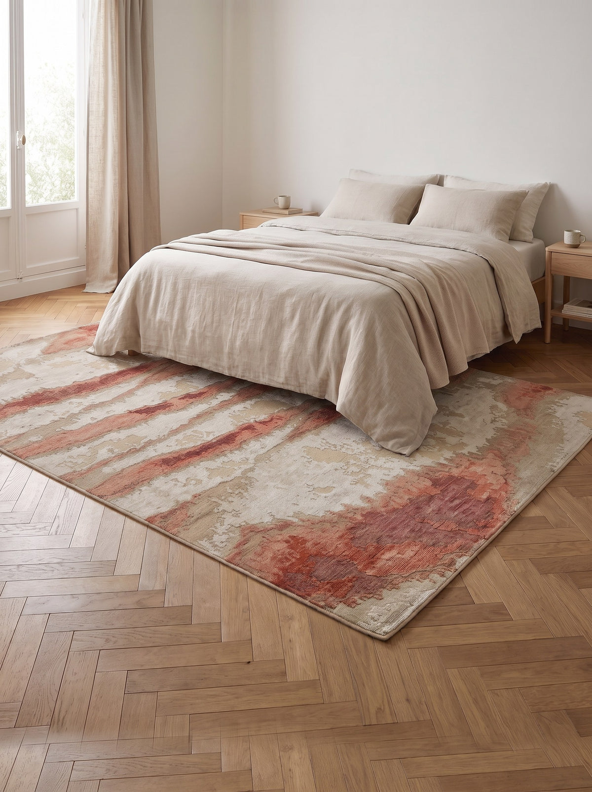 Wol-viscose vloerkleed Ivoor & Terracotta - Arenaria onder het bed in de slaapkamer van een gerenoveerd oud appartement