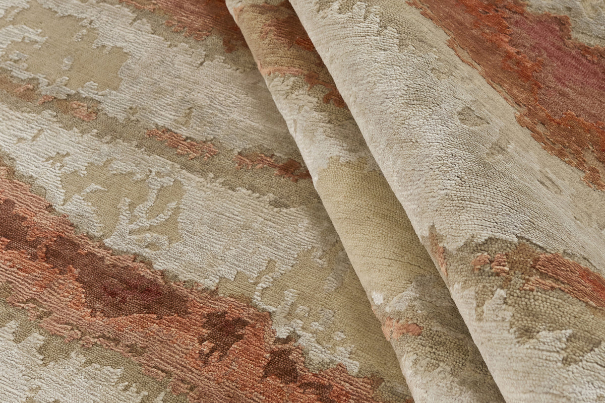 Wol-viscose vloerkleed Ivoor & Terracotta - Arenaria, close-up van het materiaal