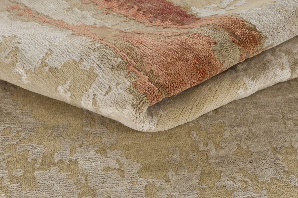 Wol-viscose vloerkleed Ivoor & Terracotta - Arenaria, de textuur van heel dichtbij