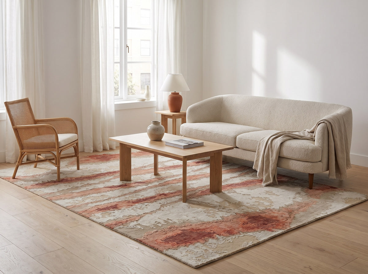 Inspiration déco : Tapis Laine & Viscose Ivoire et Terracotta - Arenaria dans un salon lumineux au parquet de chêne clair