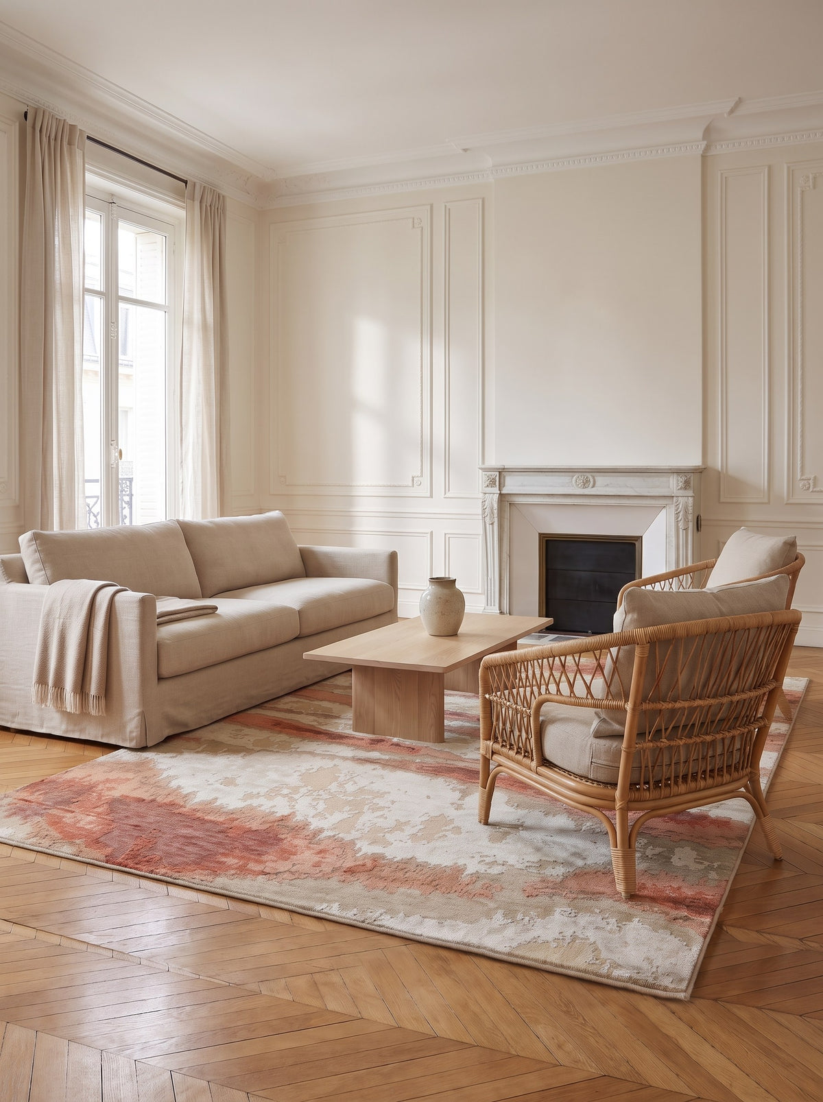 Wol-viscose vloerkleed Ivoor & Terracotta - Arenaria midden in de zithoek van een Parijs Haussmann-appartement