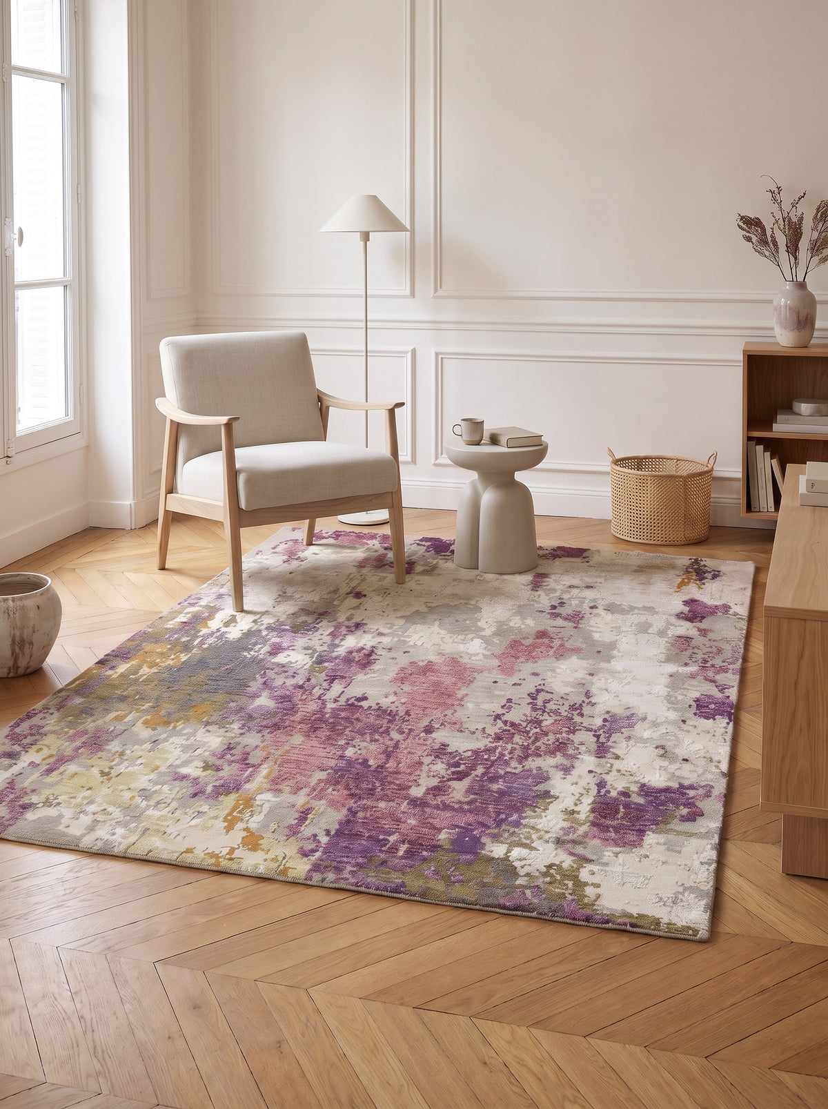 Plum & Ivory Wool & Viscose Rug - Ametista in the reading nook of a Haussmann flat in Paris, on chevron parquet