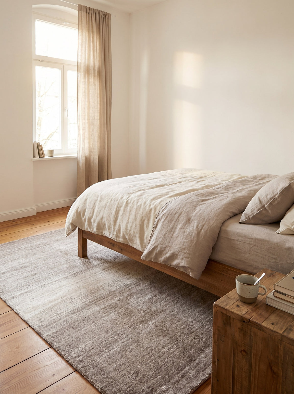 Woll-Viskose-Teppich Taupe - Mattino unter dem Bett im Schlafzimmer einer renovierten Altbauwohnung, auf altem Eichenparkett