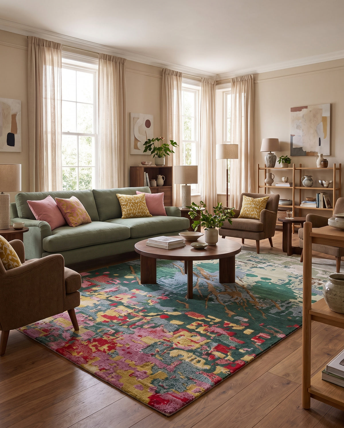 Dans un salon lumineux, un tapis abstrait en laine et viscose aux motifs fragmentés vert émeraude, rose et jaune