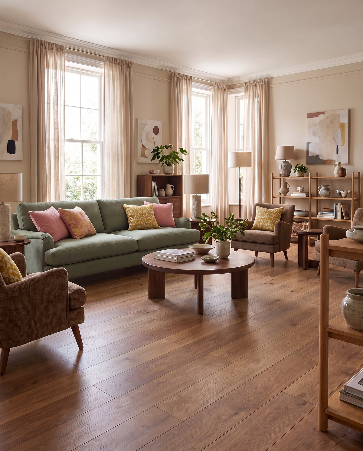 Ambiance épurée dans un salon clair au parquet bois nu et sans tapis, avec canapé vert, fauteuils marron et mobilier en bois