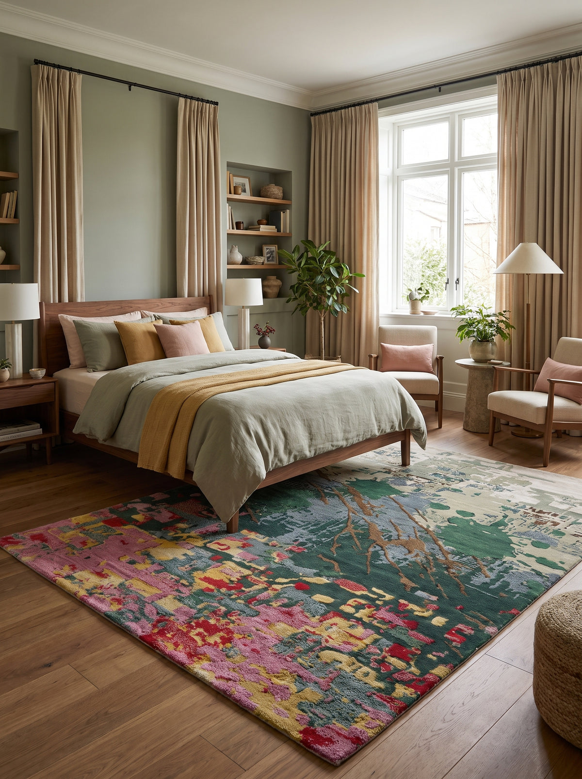 Tufté main en laine et viscose, ce tapis expose un motif abstrait vert émeraude, rose, jaune et gris dans une chambre