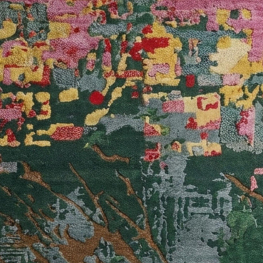 Gros plan sur la laine et viscose tuftée d'un motif abstrait vert émeraude, rose, jaune et rouge, aux fibres en relief