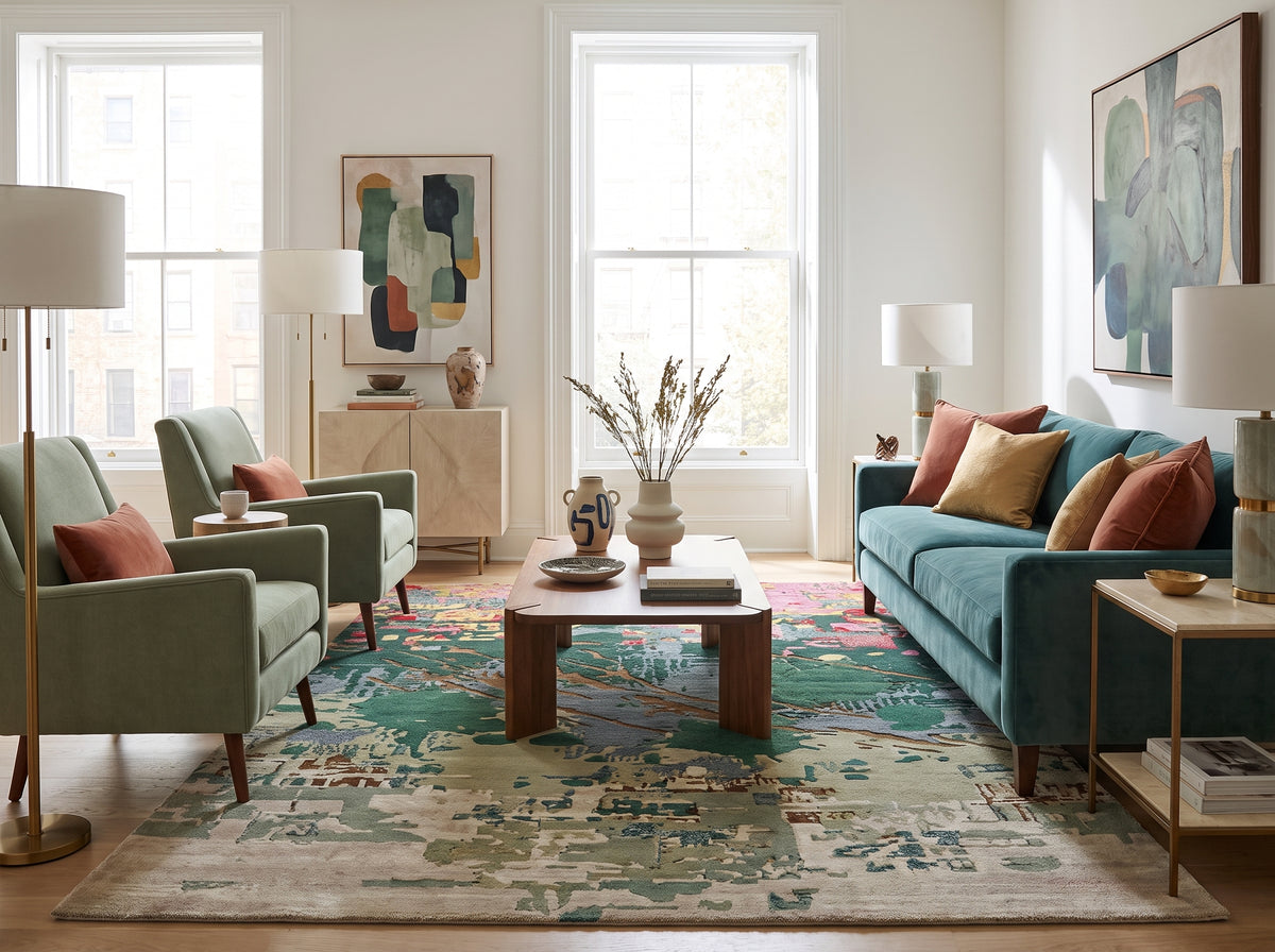 Tapis aux motifs abstraits multi-niveaux vert émeraude, rose et beige en laine et viscose tuftées main dans un salon