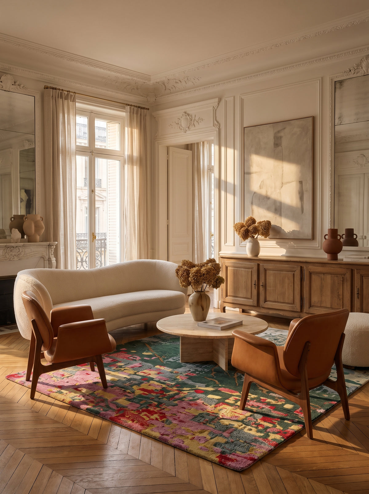 Fabriqué en laine et viscose tuftées main, ce tapis abstrait vert émeraude, rose et jaune agrémente un salon