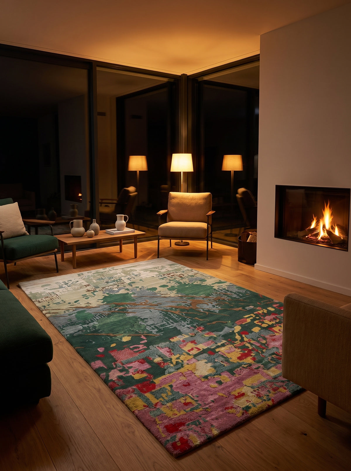 Vert émeraude, rose et beige, ce tapis abstrait en laine et viscose tufté main multi-niveaux illumine un salon de nuit