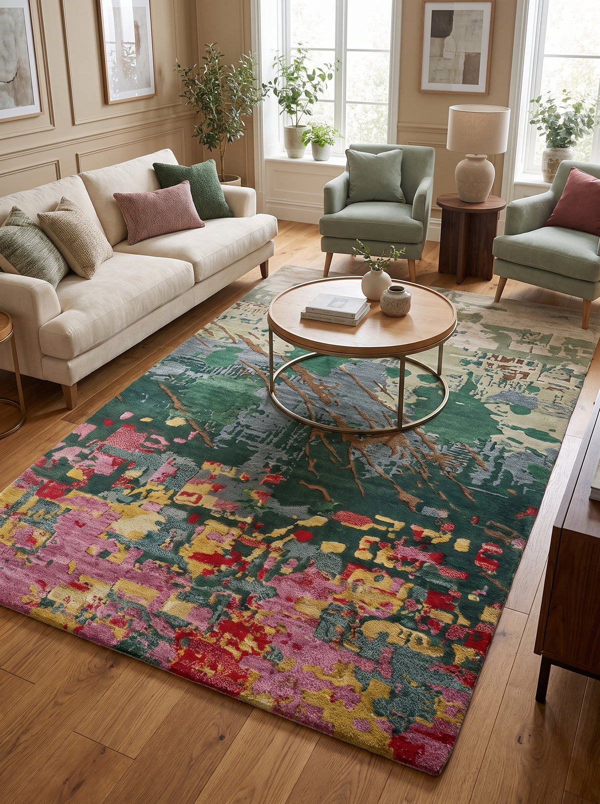 Tapis en laine et viscose tuftées main, aux motifs abstraits multi-niveaux vert émeraude, rose, jaune et gris dans un salon