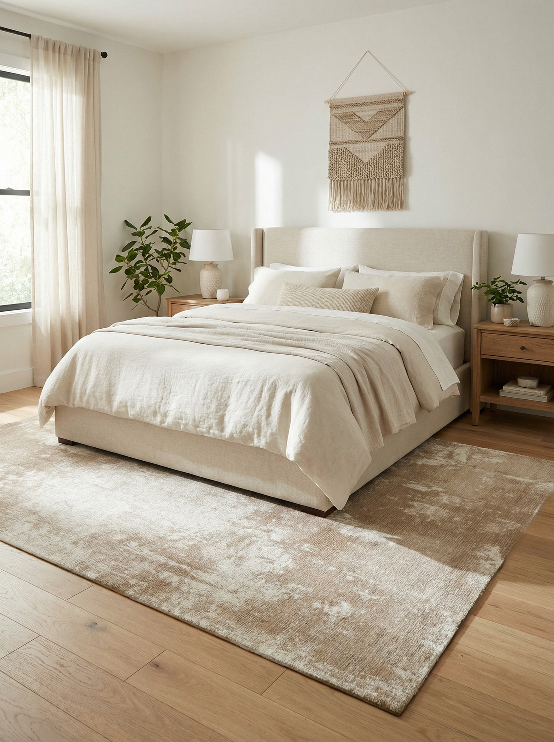 Tapis rectangulaire beige et ambre, doux et confortable. Ambiance reposante dans la chambre