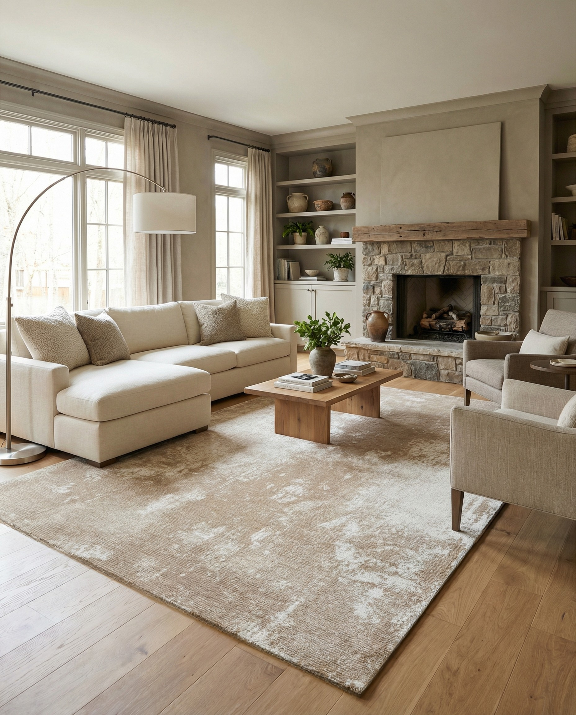 Tapis rectangulaire beige et blanc adoucit la pièce, créant une ambiance chaleureuse et accueillante