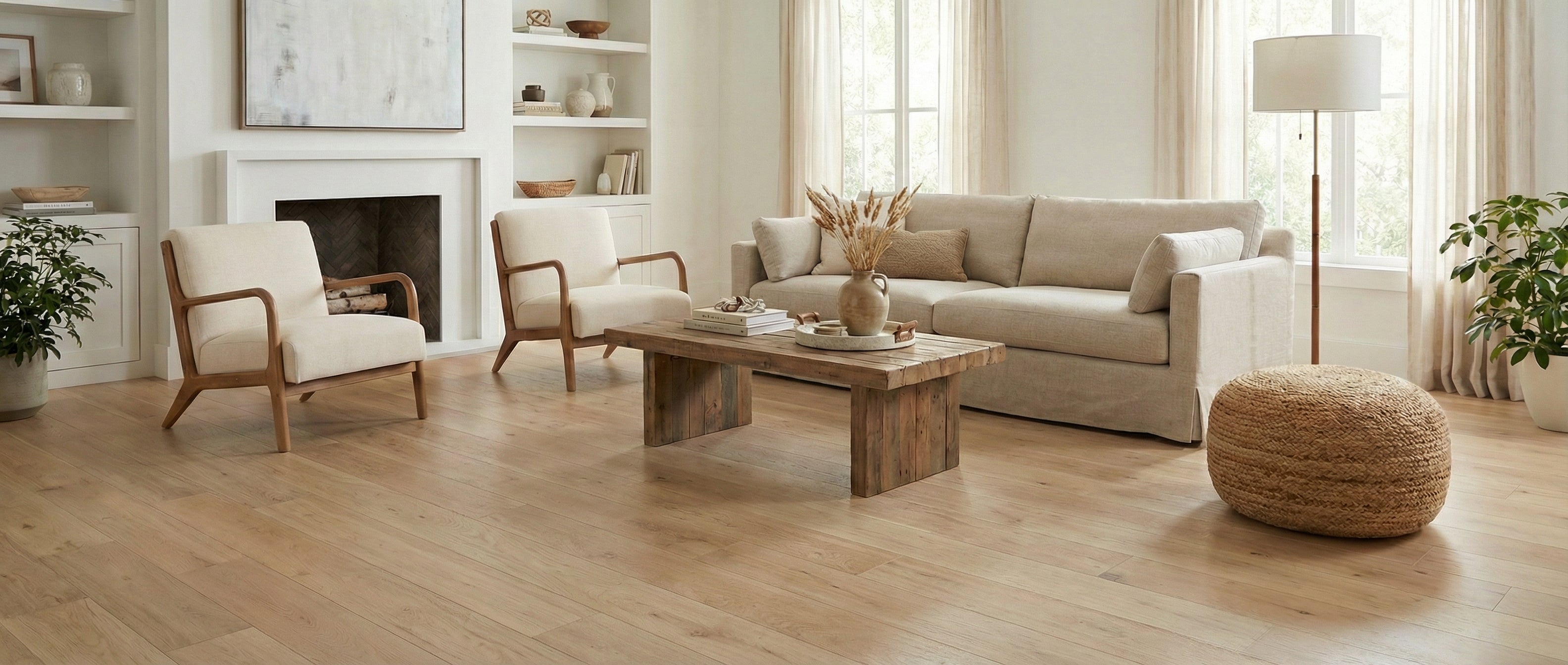 Pièce lumineuse, parquet clair, canapé beige, fauteuils. Espace vide pour un tapis rectangulaire, ambiance chaleureuse