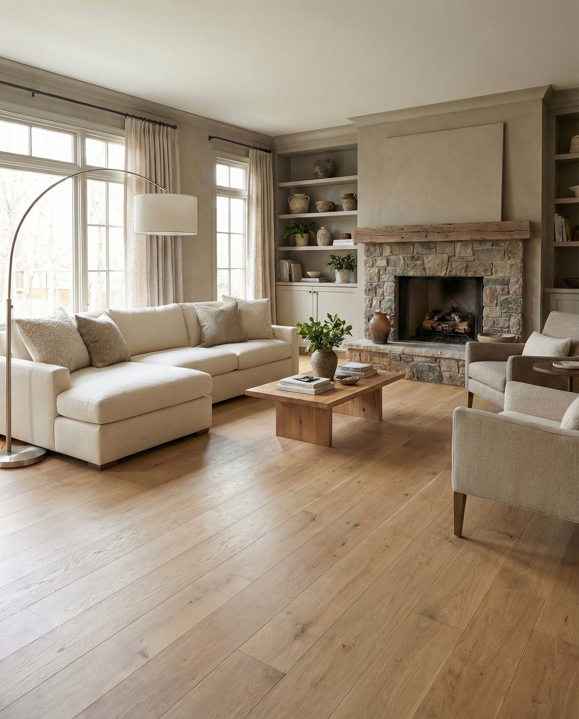 Pièce lumineuse avec parquet clair, canapé beige, cheminée en pierre, murs neutres. Espace à transformer