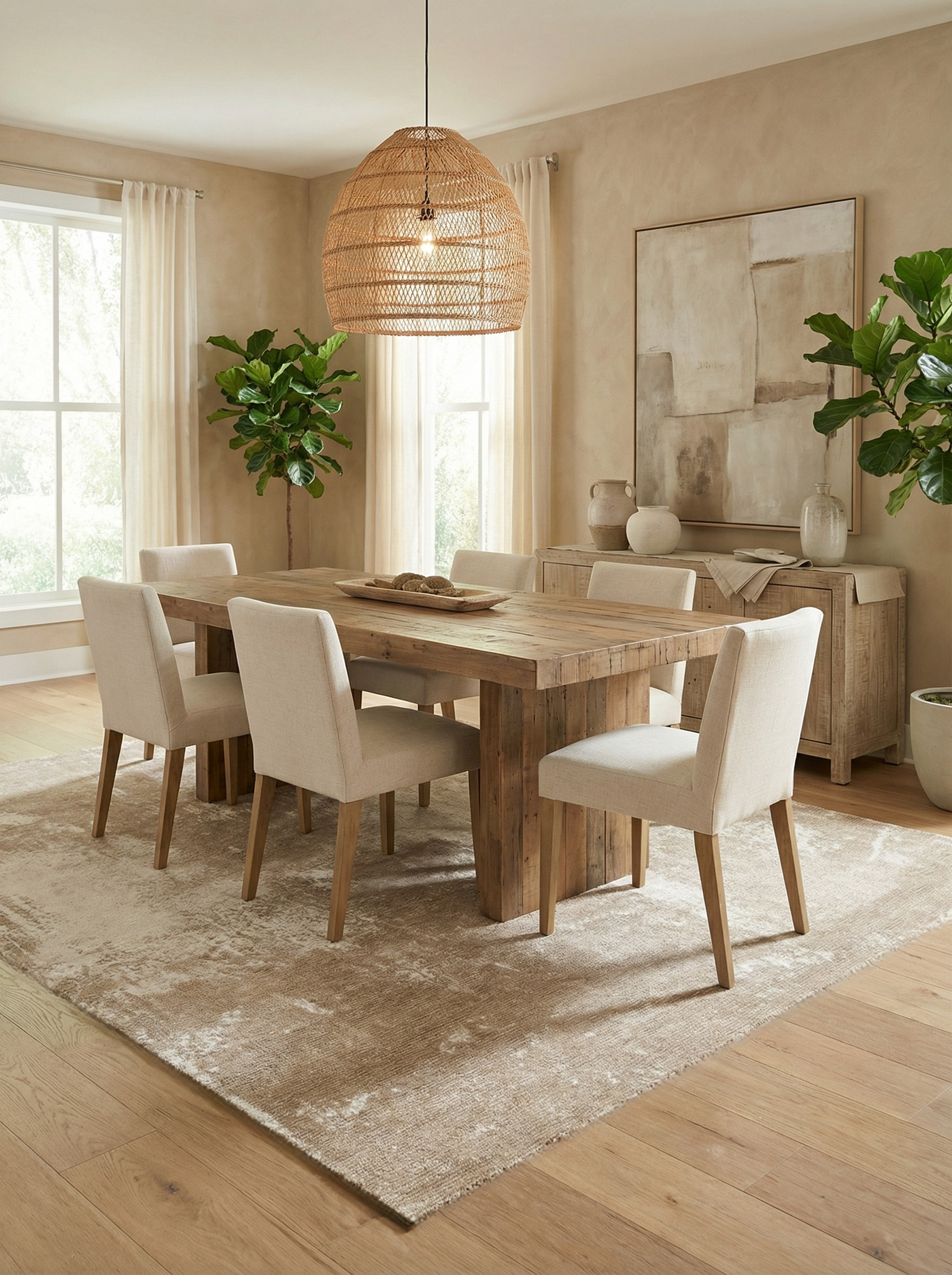 Tapis rectangulaire beige pour définir l'espace repas, ambiance conviviale