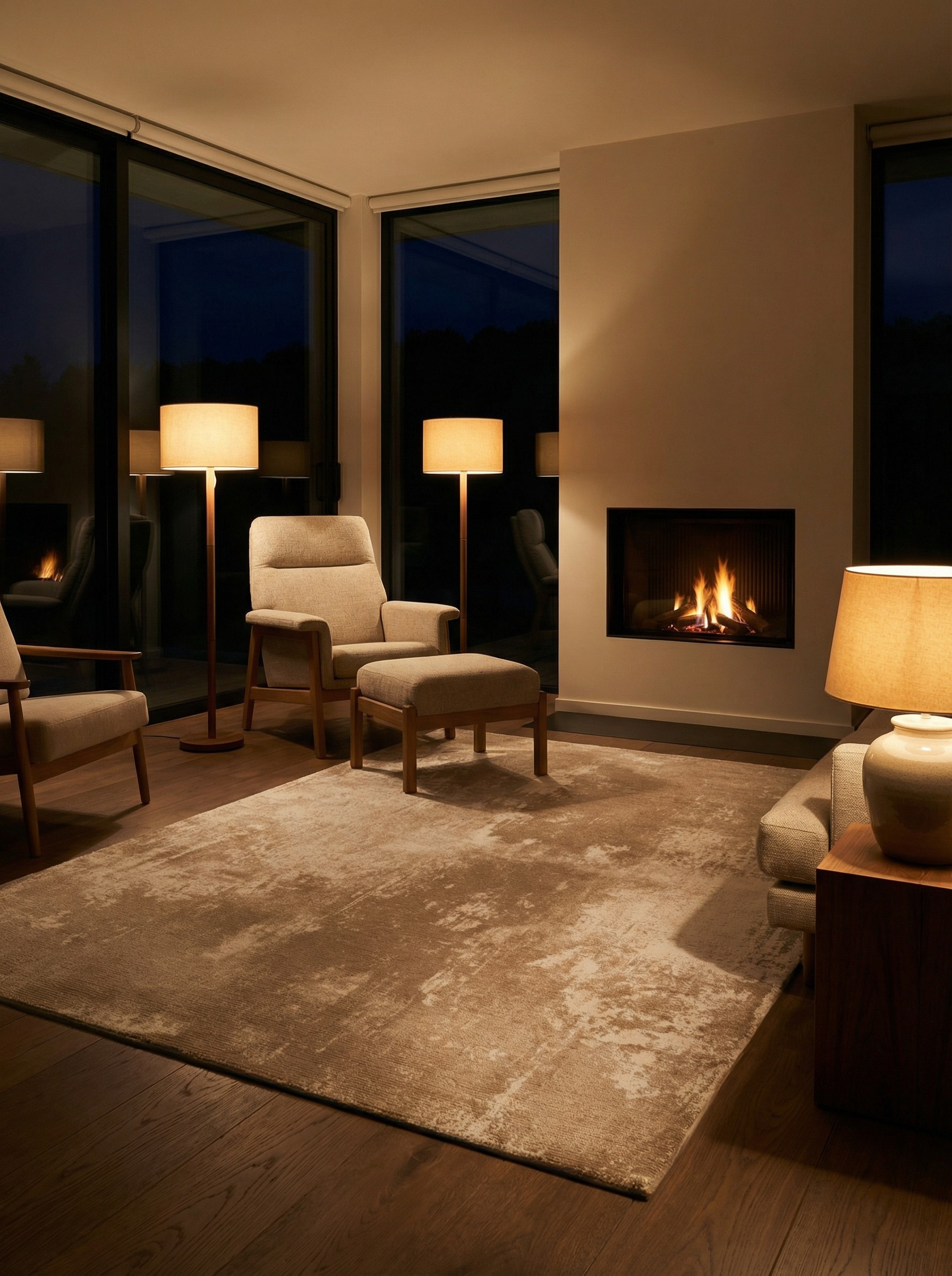 Tapis rectangulaire beige dans une pièce tamisée, éclairage doux. Ambiance chaleureuse