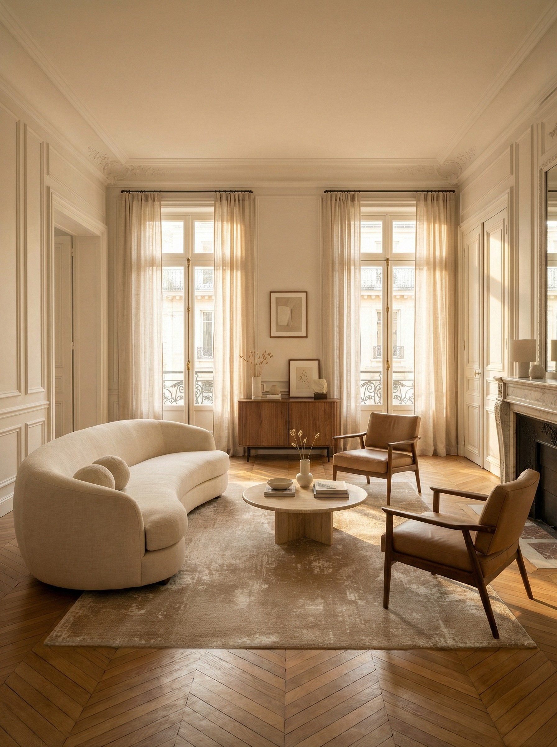 Tapis beige rectangulaire, ambiance chaleureuse et élégante dans un salon