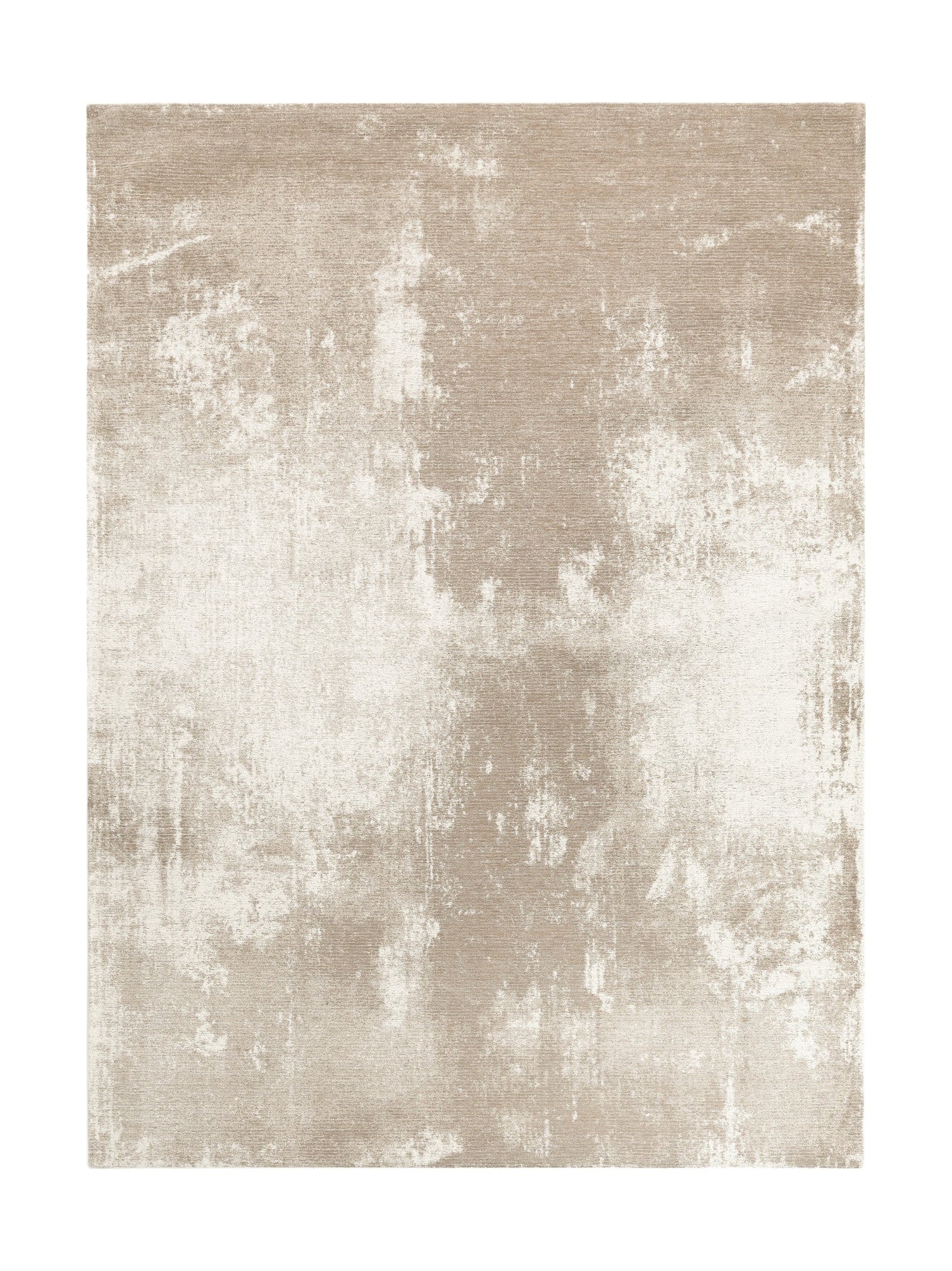 Tapis rectangulaire beige avec un motif texturé et des taches blanches, style contemporain
