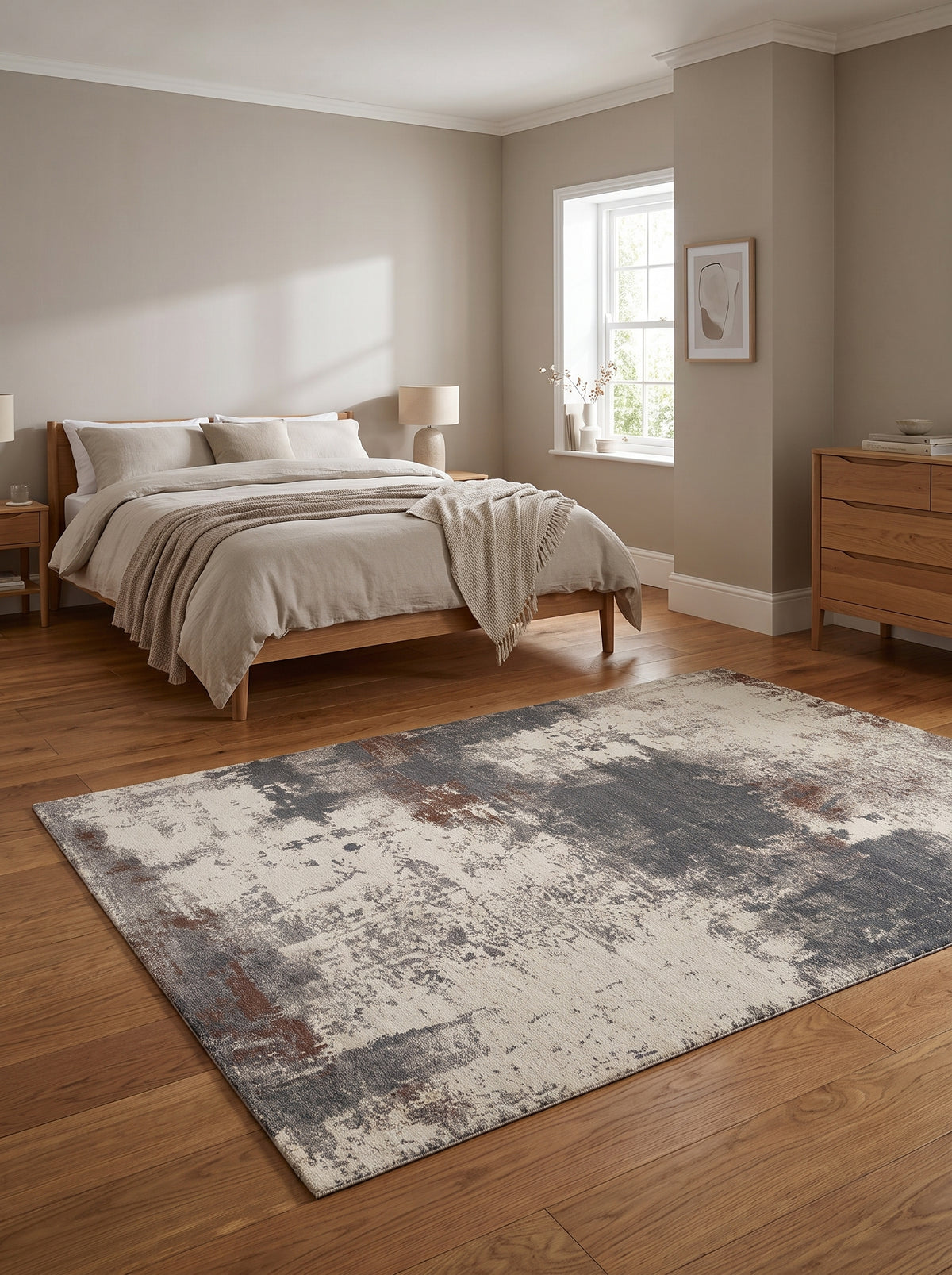 Adorned with cream, slate blue, and brown hues, this abstract washable rug dresses a bedroom floor