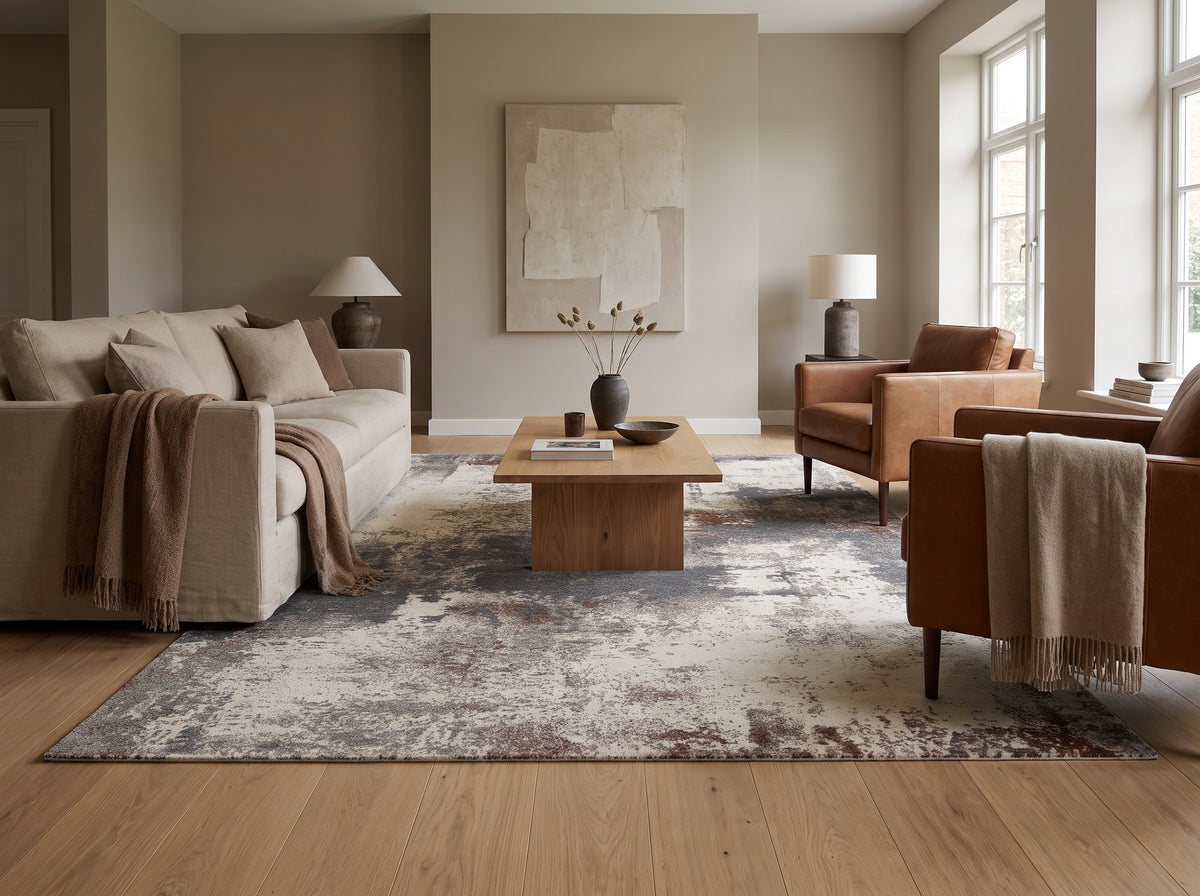 Avec son motif abstrait texturé en bleu ardoise, brun et crème, ce tapis lavable rectangulaire décore un salon lumineux