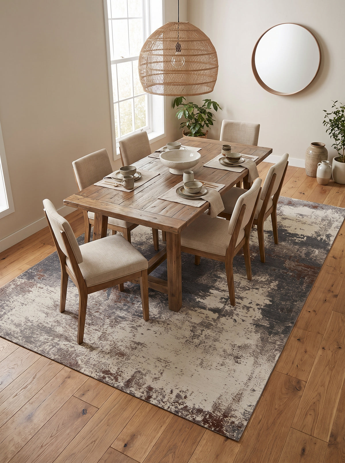 In a bright dining room, a rectangular washable rug with abstract slate blue, brown, and cream patterns