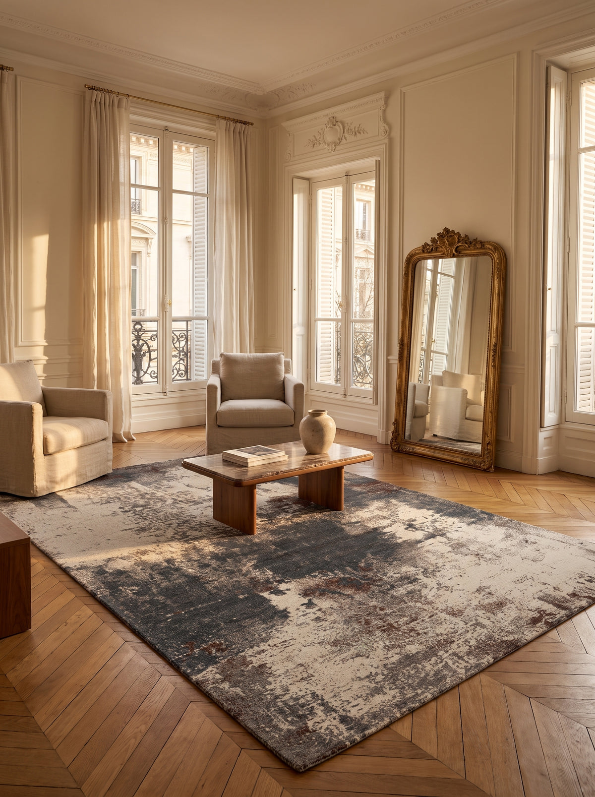 On a Haussmannian living room parquet, a washable rug with abstract patterns blends slate blue, brown, and cream