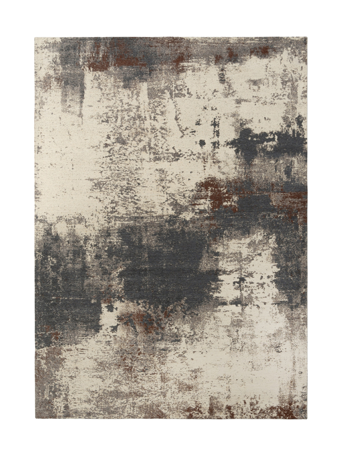 Cream, slate blue, and brown form the abstract textured pattern of this rectangular washable rug