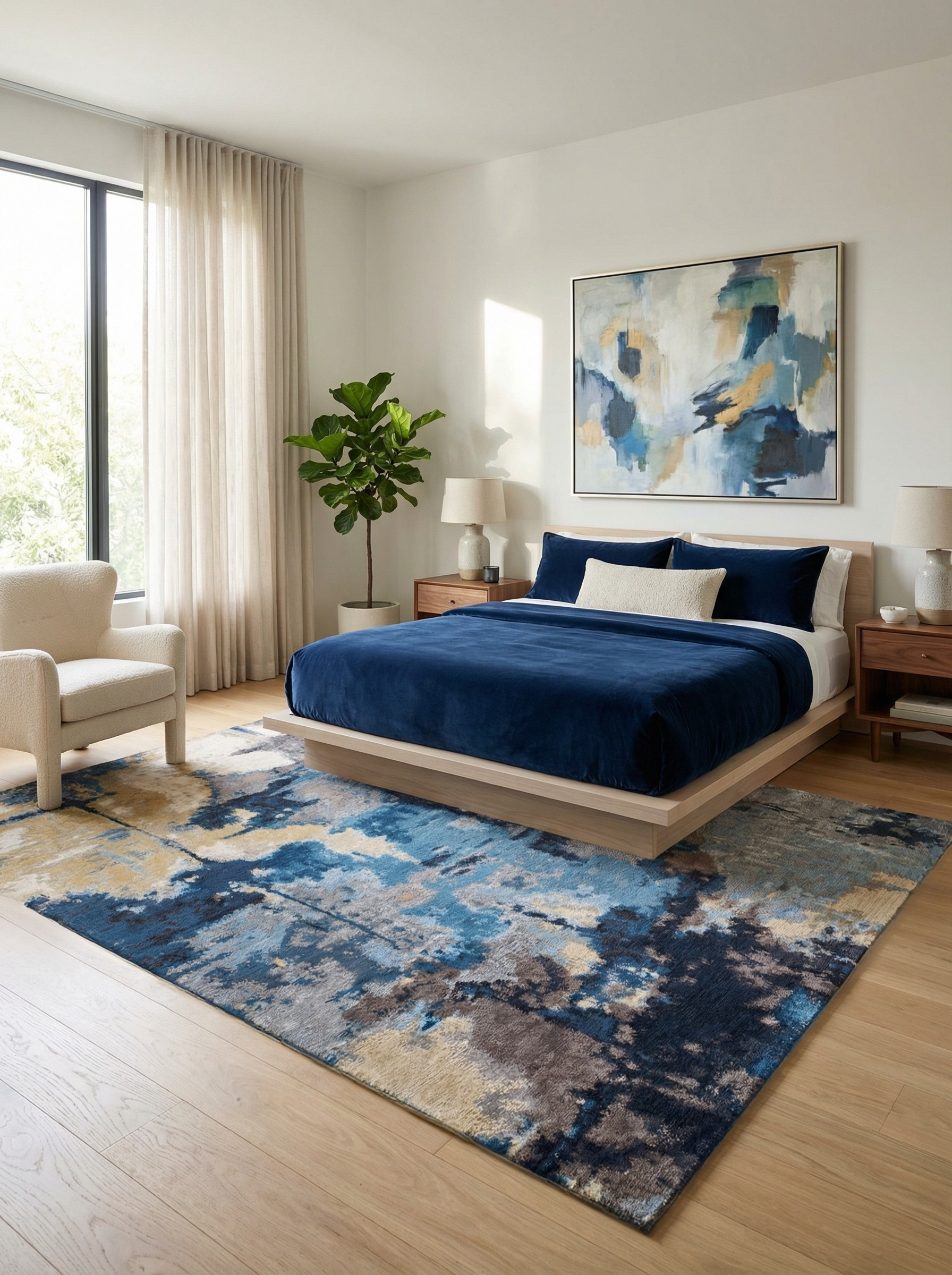 Tapis rectangulaire bleu et beige, doux et confortable, dans une chambre, créant une ambiance reposante