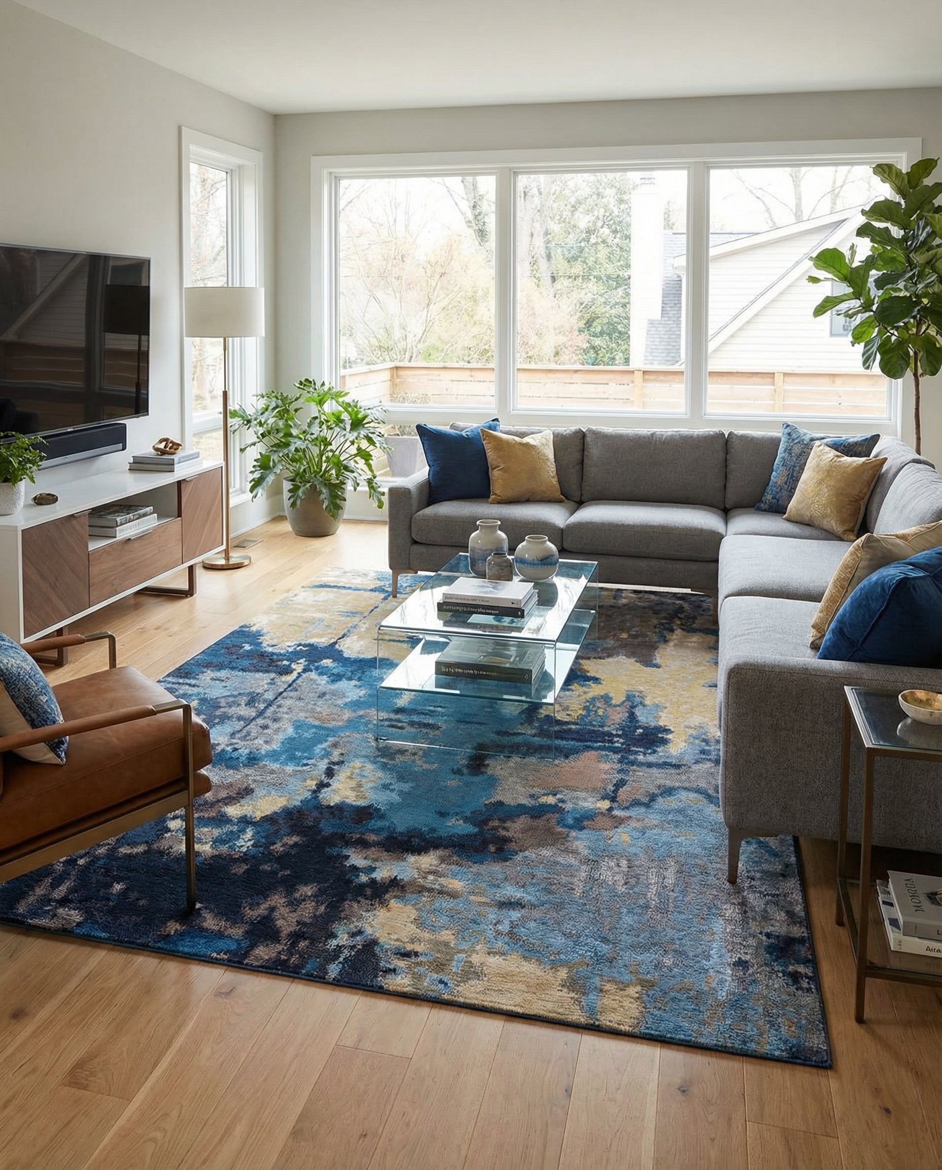 Tapis rectangulaire bleu et beige. Il illumine la pièce, créant une ambiance chaleureuse et accueillante