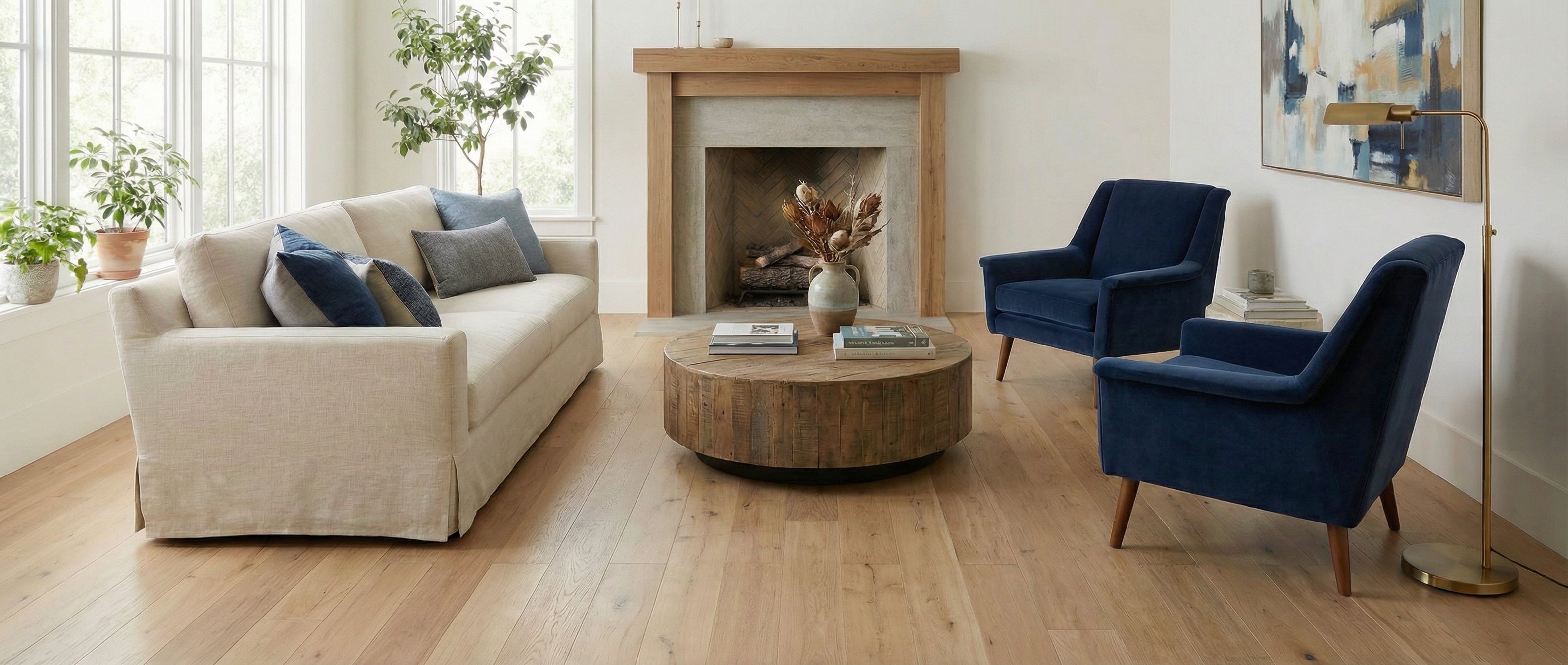 Pièce lumineuse avec canapé, fauteuils bleus et table basse ronde. Sol clair, espace vide pour un tapis