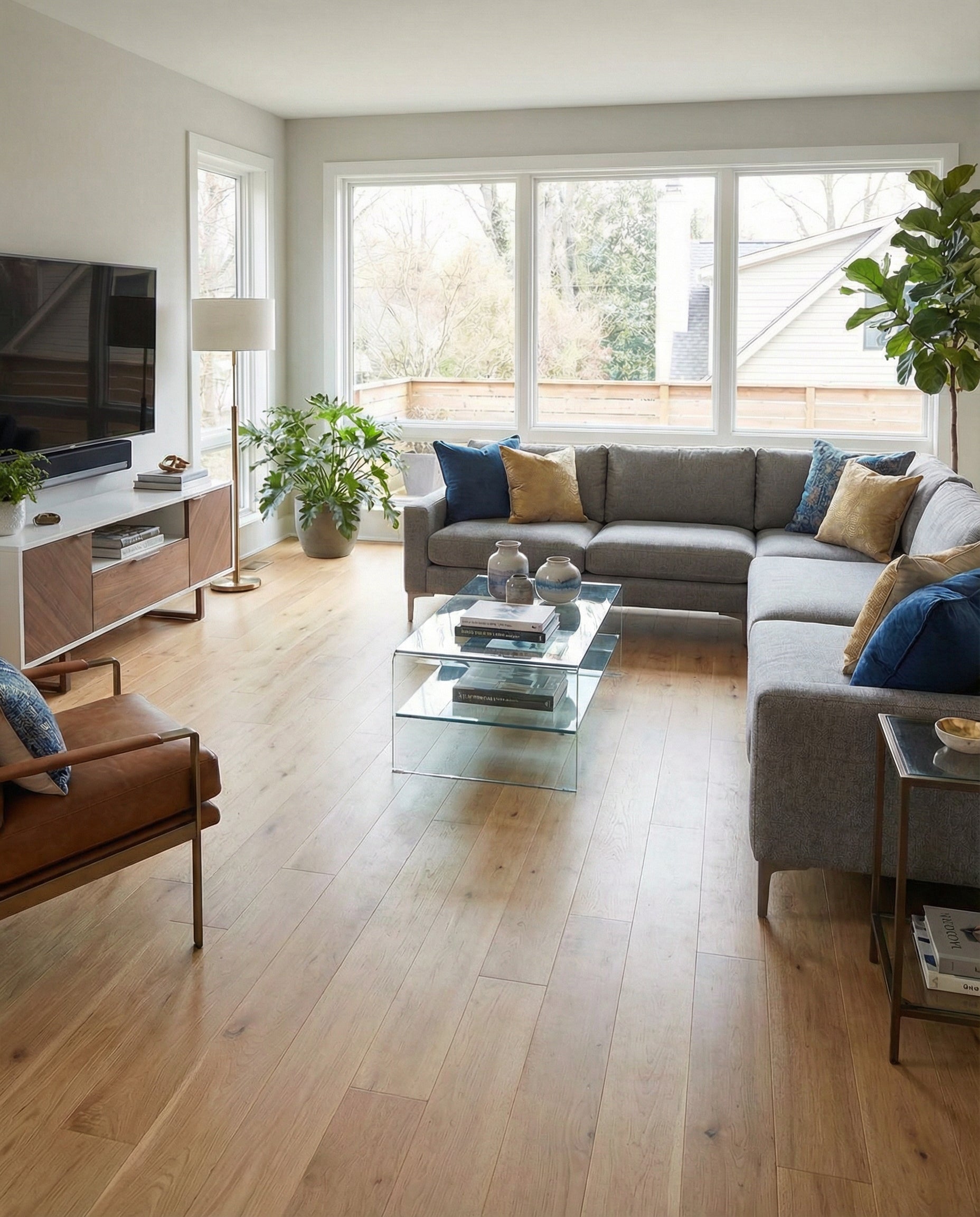 Pièce lumineuse avec parquet clair, canapé gris, fauteuil cuir, coussins bleus et dorés, ambiance moderne, espace à
