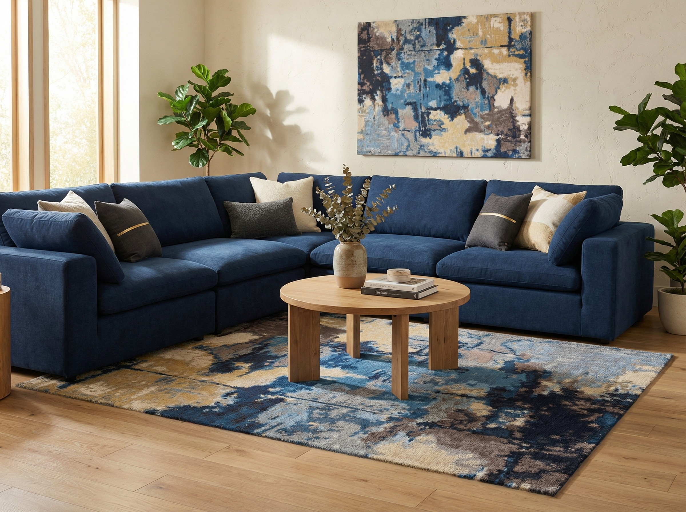 Tapis rectangulaire beige et bleu, style déco moderne, ambiance cosy dans le salon