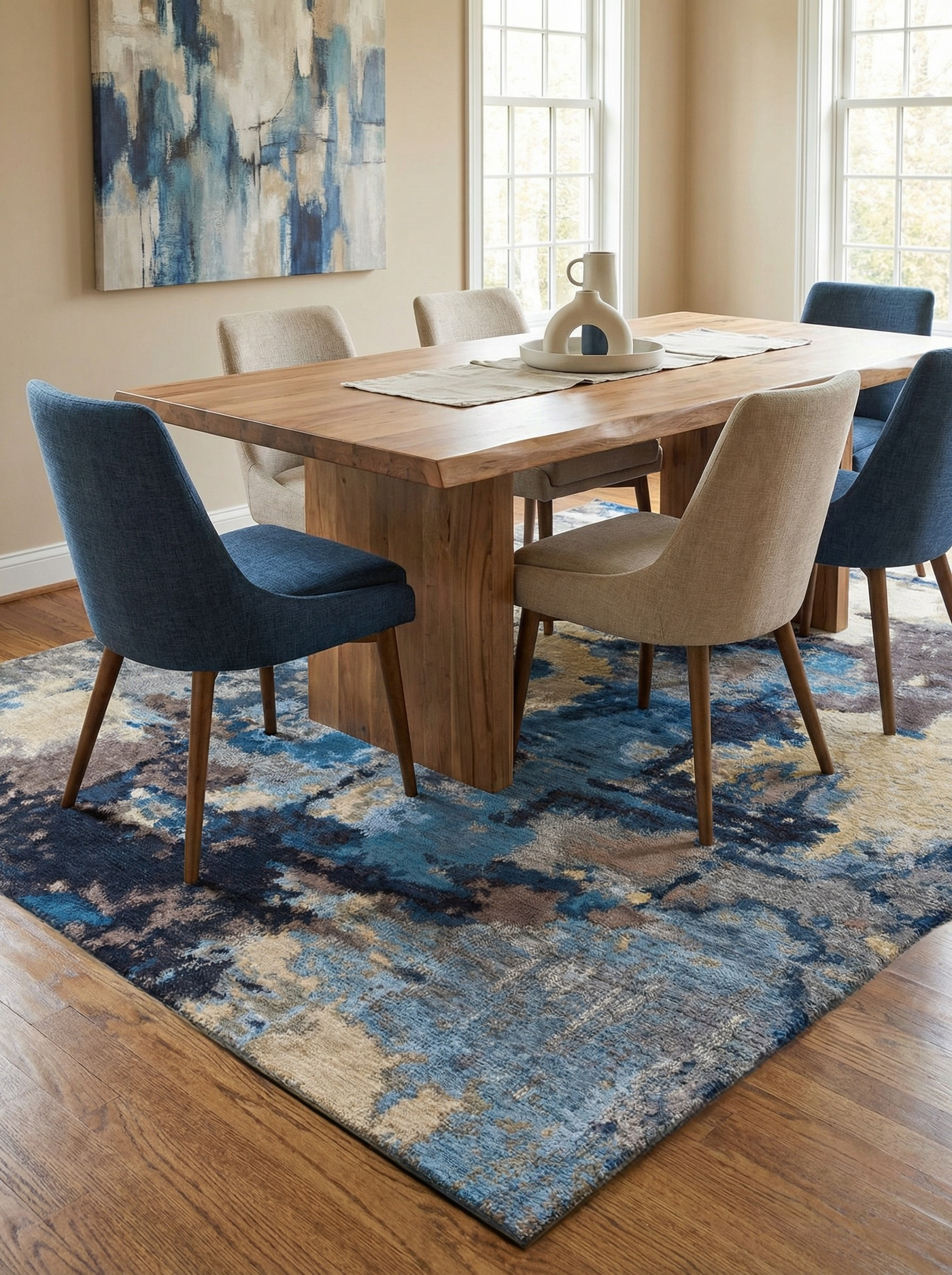Tapis rectangulaire bleu et beige sous une table à manger, définissant un espace repas convivial