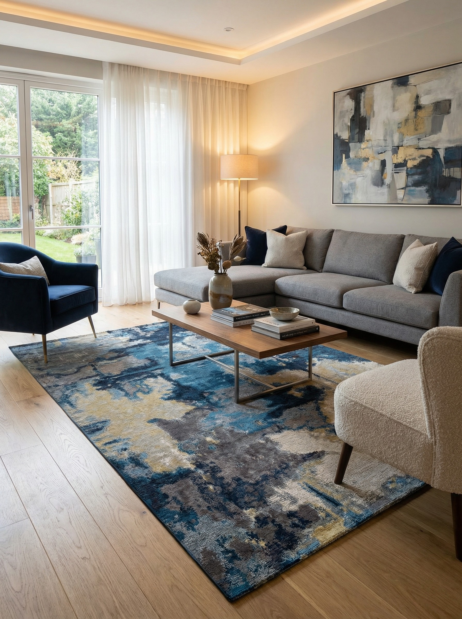 Tapis rectangulaire bleu et beige dans un salon, créant une ambiance apaisante, harmonie avec le décor moderne