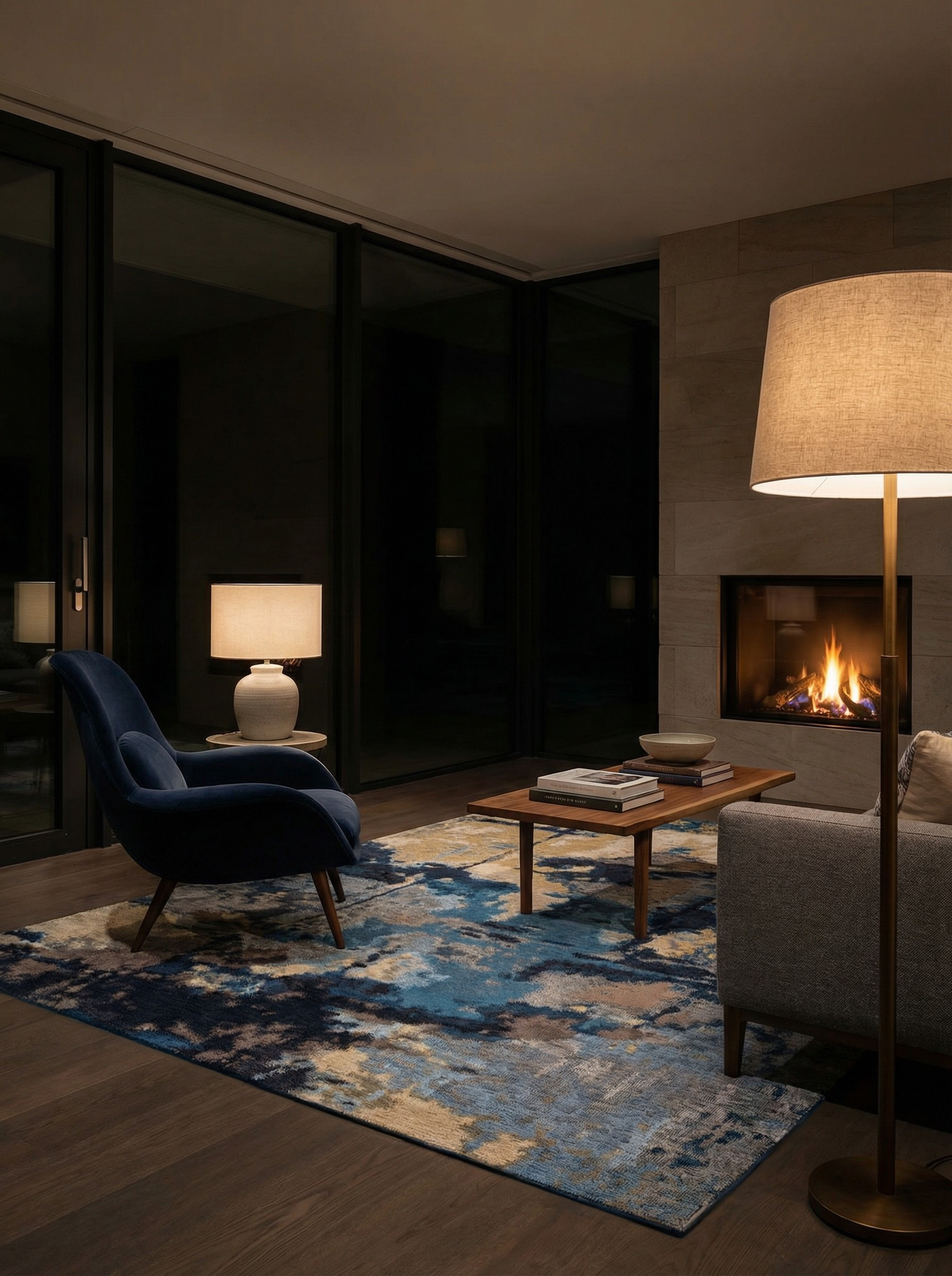 Tapis rectangulaire aux tons beiges et bleus, éclairage doux dans une pièce tamisée, ambiance chaleureuse