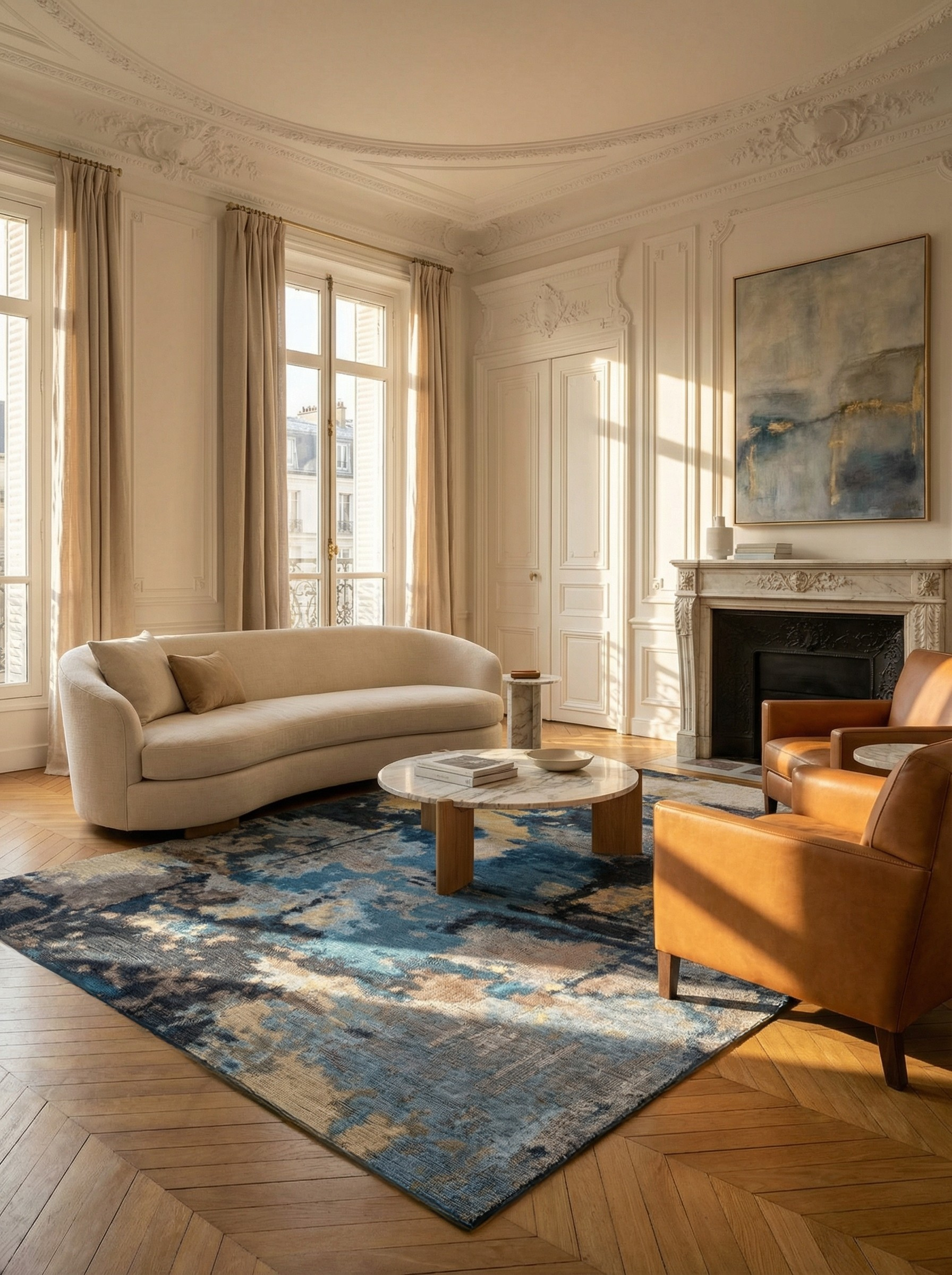Tapis rectangulaire bleu et beige, élégance et convivialité dans le salon