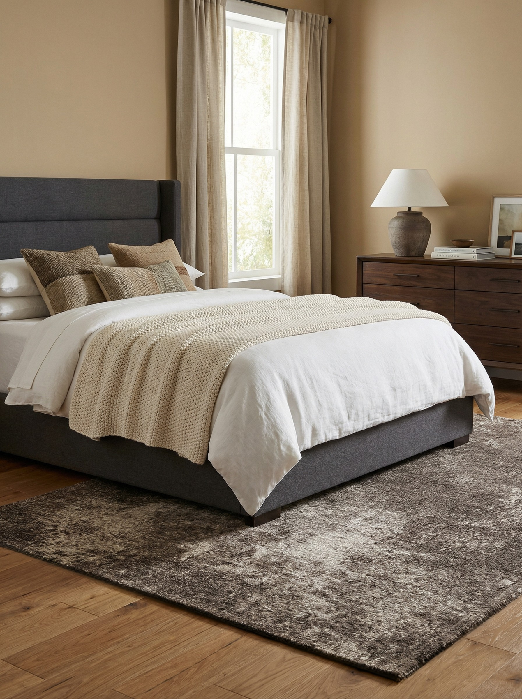 Tapis rectangulaire taupe et ambre. Doux et confortable, il crée une ambiance reposante dans la chambre