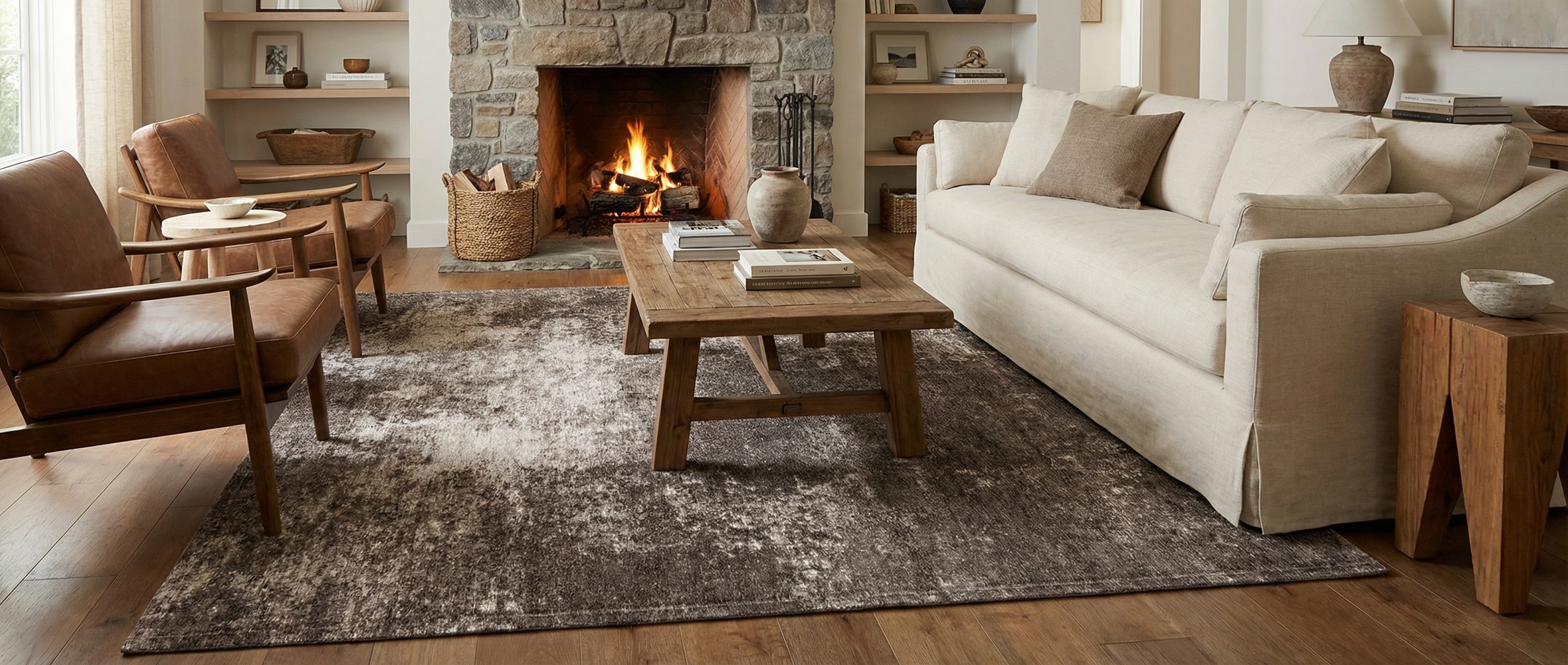 Tapis rectangulaire taupe, pièce transformée. Ambiance chaleureuse, harmonie créée