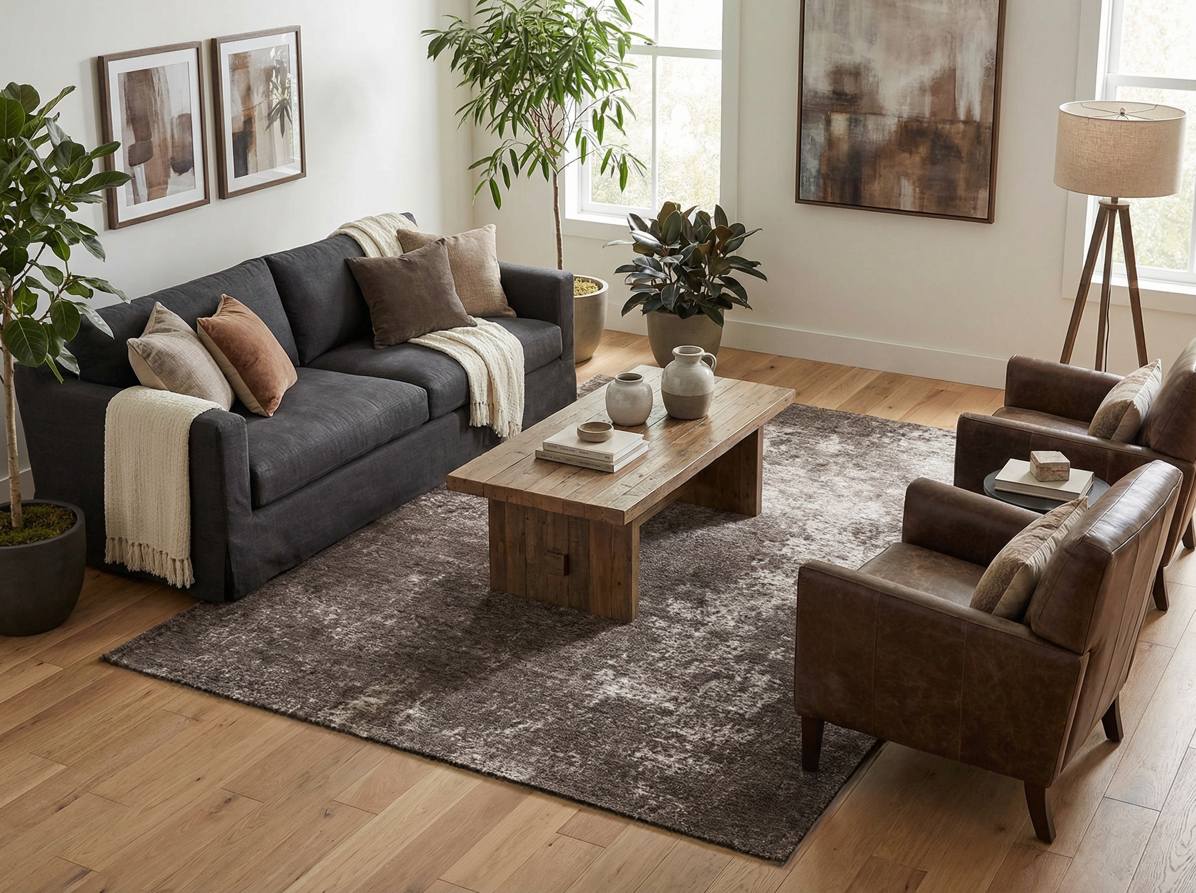 Tapis rectangulaire taupe dans un salon. Ambiance chaleureuse et style déco contemporain