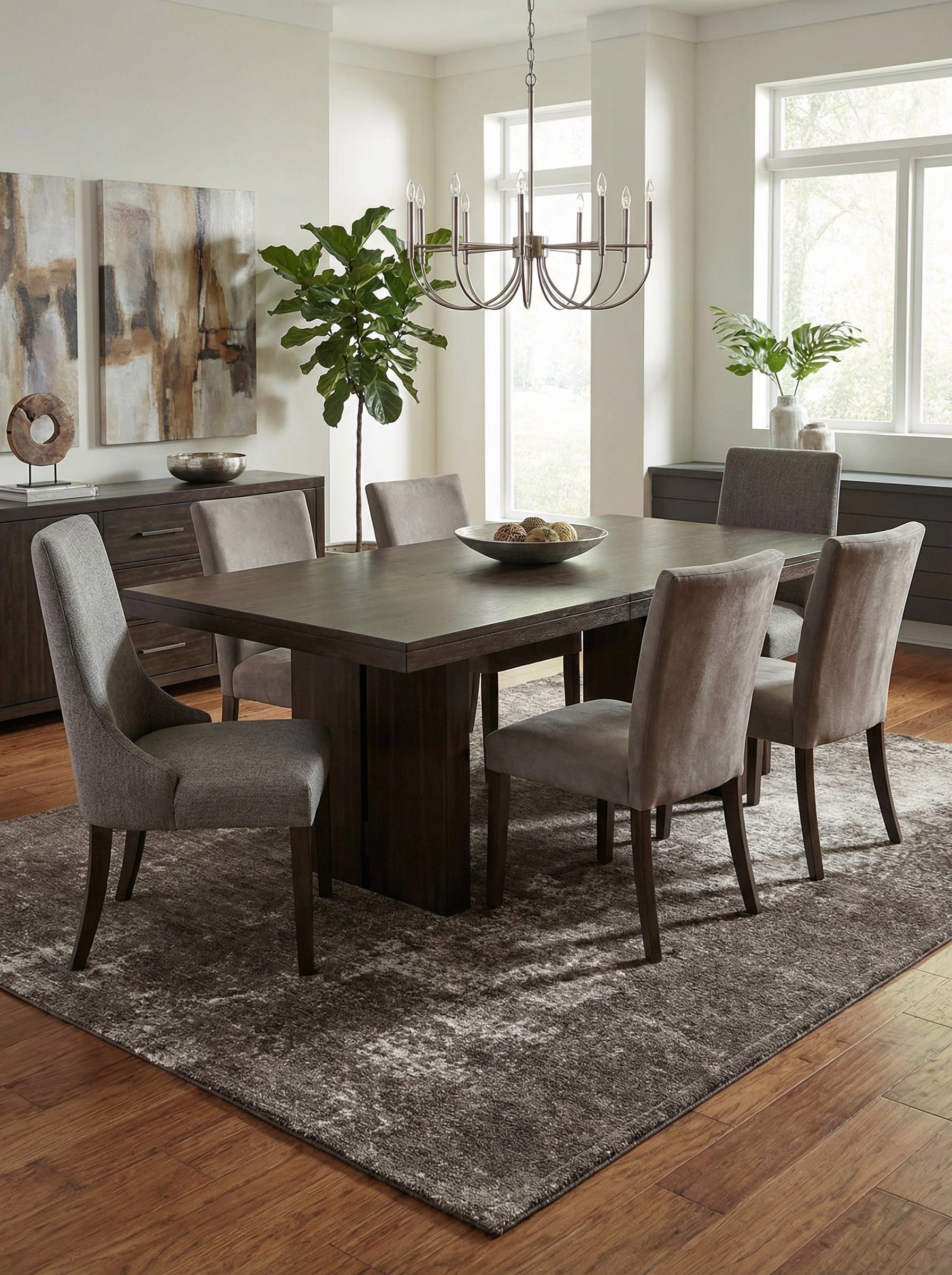 Tapis rectangulaire taupe sous la table à manger, définissant l'espace repas et créant une ambiance conviviale